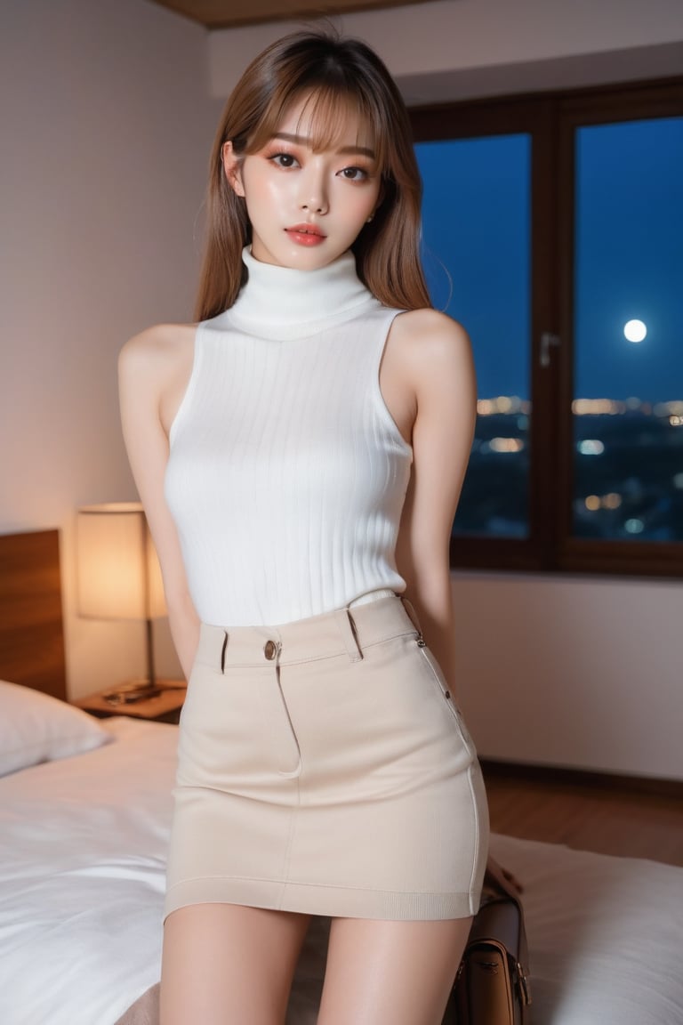 (eroticism: 1.3), 1 person, Korean kpop female, 20 years old, mysterious beautiful girl, delicate features, light brown hair, straight long hair, hanging hairstyle, (parting, bangs: 1.45), dynamic pose, (white turtleneck sleeveless knit sweater, bodycon cargo miniskirt), long boots, full moon night, bedroom, soft focus, excessive overexposure,
Airy Photo, Artstation Trend, (Full Body Portrait, Full Body Esbian),