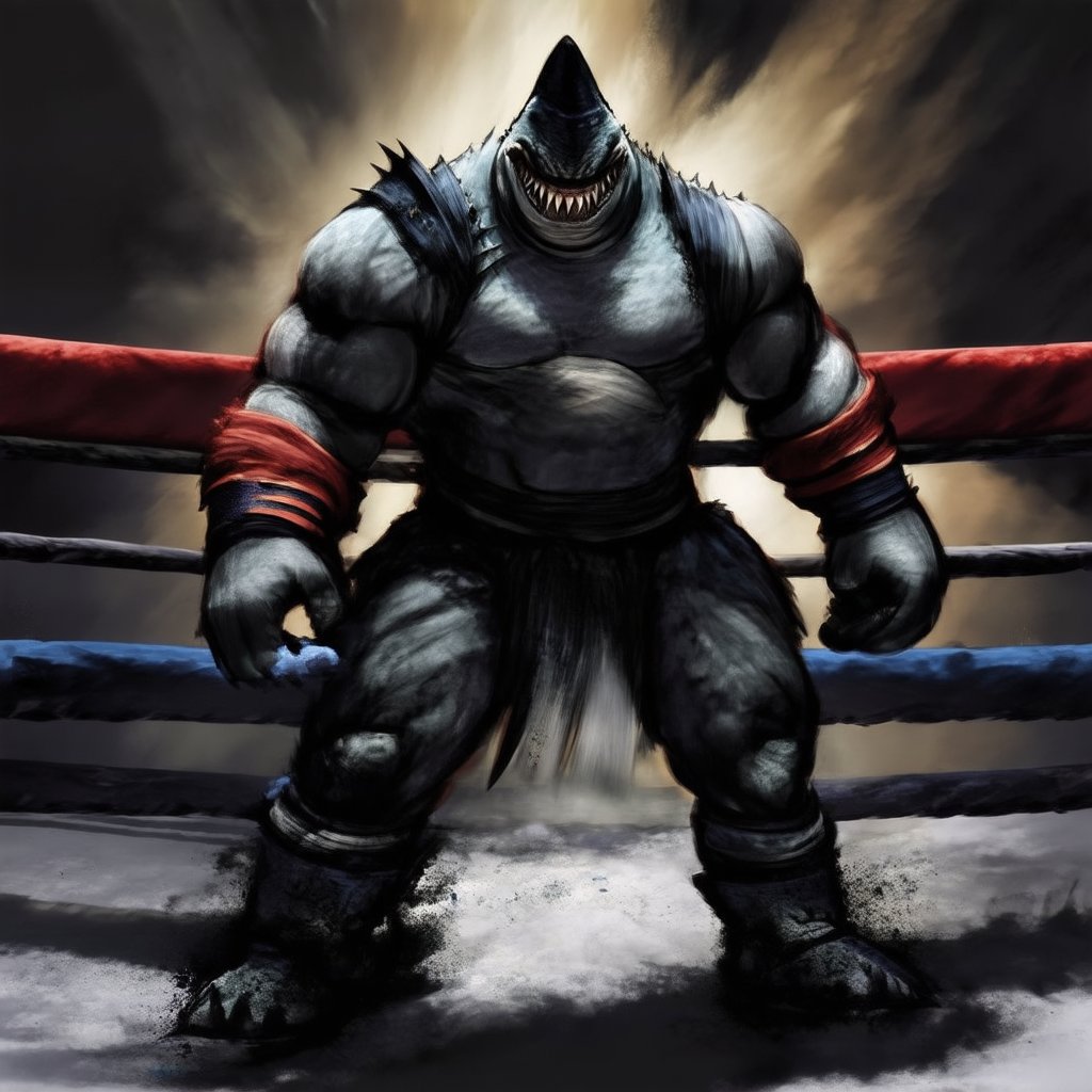 douqi,A powerful shark warrior stands proudly in a dimly lit boxing ring, its sharp teeth and piercing eyes gazing intensely at an unseen opponent. The warrior's muscular physique is illuminated by the harsh lighting, accentuating its formidable presence as it prepares to unleash a devastating blow.