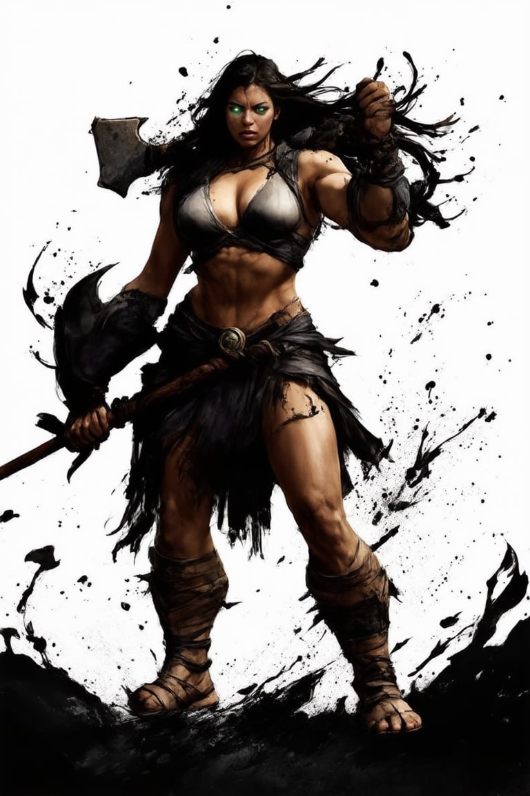 A fierce Amazon warrior stands victorious amidst a scattered arrangement of bleached white bones, her powerful grip on the heavy battle-ax radiating strength. Her bronzed skin glistens with sweat as she surveys the aftermath of her conquest, her piercing green eyes flashing with triumph. The rugged terrain and weathered bones serve as a stark backdrop to her imposing figure,illustration,Ink splashes, bold lines, dynamic poses,douqi,