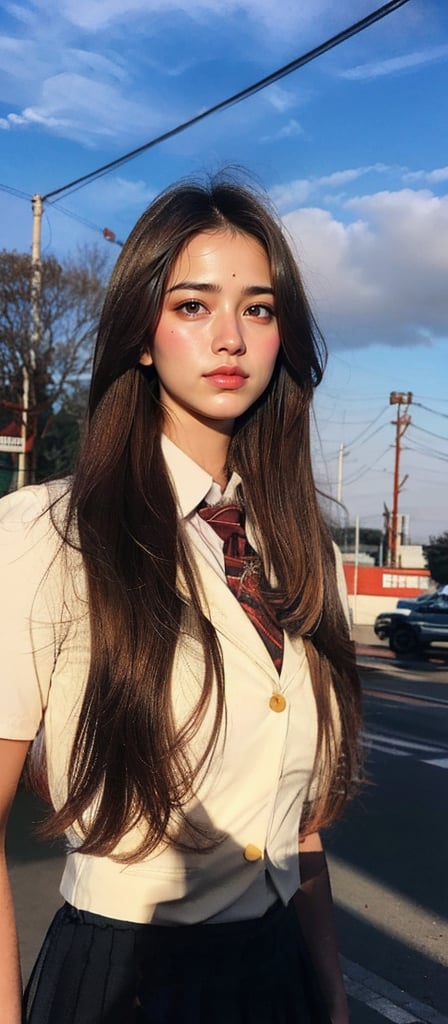 1girl, solo, long hair, looking at viewer, brown hair, brown eyes, school uniform, upper body, outdoors, necktie, sky, day, cloud, lips, ground vehicle, realistic, power lines