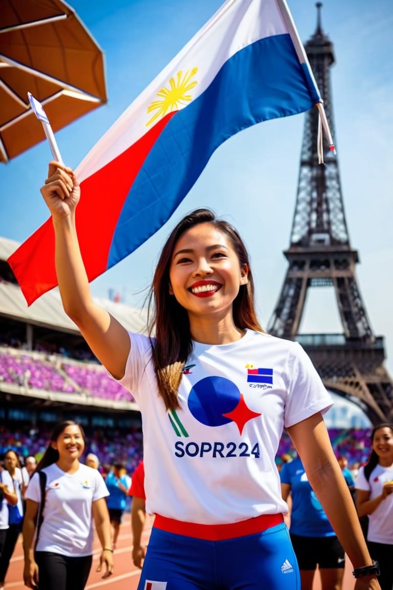 A triumphant Filipina athlete stands out amidst a sea of athletes in the Olympic stadium's packed seating area, her radiant smile beaming confidence as she holds the Philippine flag aloft. Wearing a white t-shirt and blue and red sport shorts, she shines against the vibrant atmosphere. The "PARIS 2024" text and Philippine flag emblem on her shirt add a pop of color. Her dynamic pose exudes energy, with the iconic Paris Eiffel Tower rising majestically in the background, bathed in warm sunlight.,Sopra