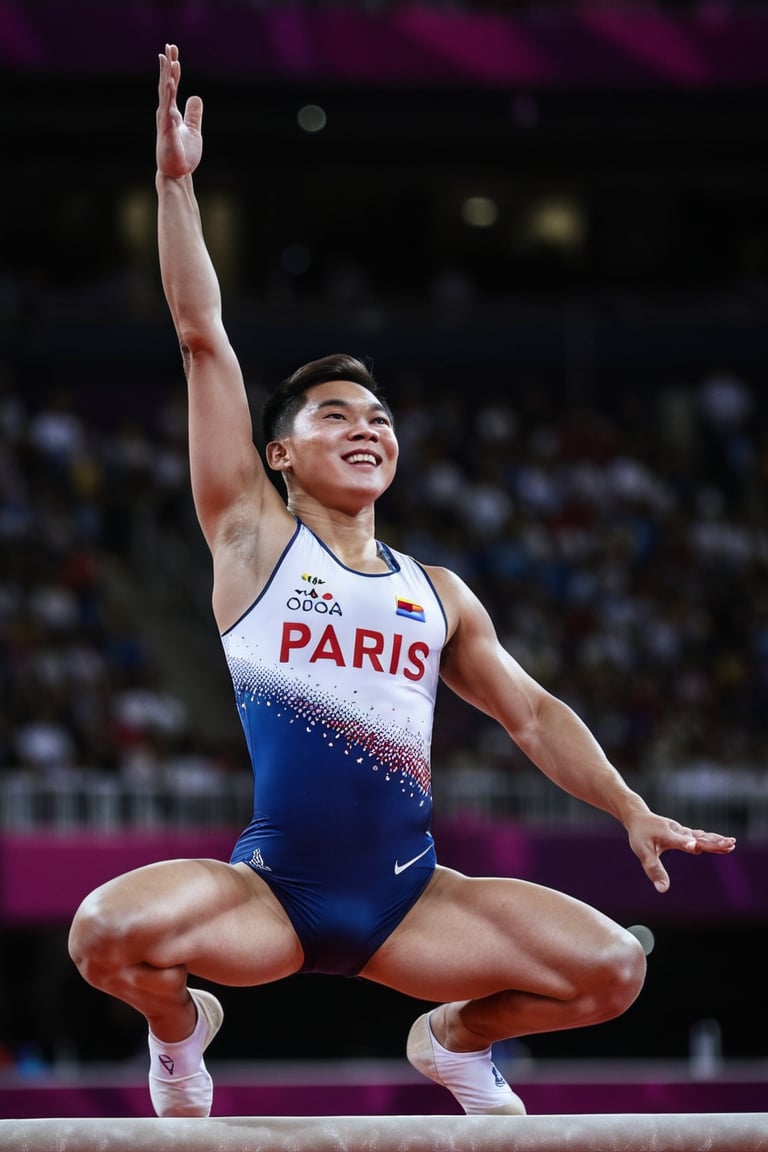 A Filipino athlete who looks like Carlos Yulo caught mid game in the air during gymnastics competition in the Olympic stadium. Wearing a gymnastics uniform. The "PARIS 2024" text in the background, far away is Eiffel  tower