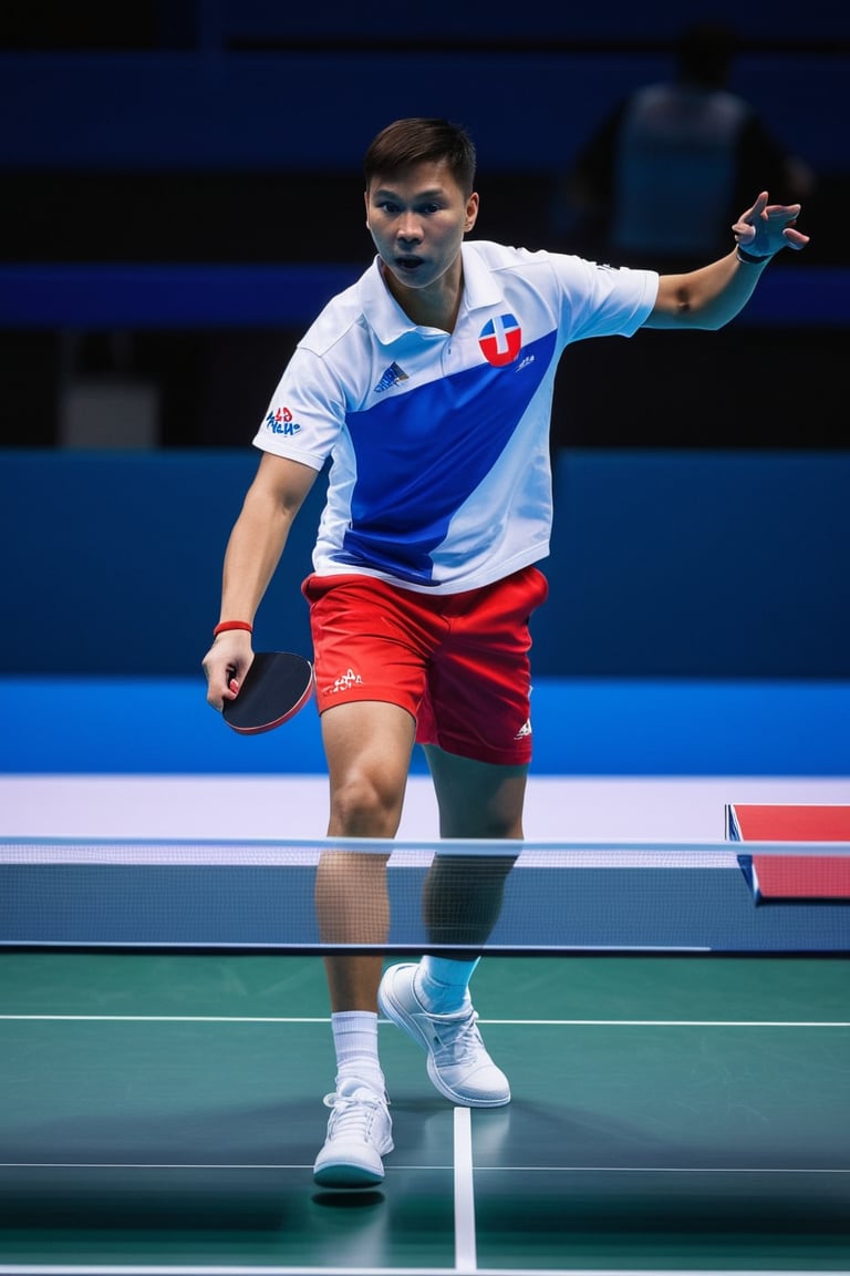 A Filipino athlete plays table tennis mid game in the Olympic stadium. Wearing a white t-shirt and blue and red sport shorts. The "PARIS 2024" text in the background, far away is Eiffel  tower