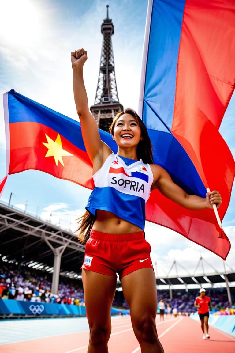 A triumphant Filipina athlete stands out amidst a sea of athletes in the Olympic stadium's packed seating area, her radiant smile beaming confidence as she holds the Philippine flag aloft. Wearing a white t-shirt and blue and red sport shorts, she shines against the vibrant atmosphere. The "PARIS 2024" text and Philippine flag emblem on her shirt add a pop of color. Her dynamic pose exudes energy, with the iconic Paris Eiffel Tower rising majestically in the background, bathed in warm sunlight.,Sopra