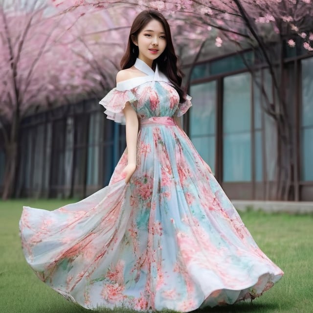 A photo of a beautiful Asian girl, formal floral long dress, magical, aesthetic,more detail XL