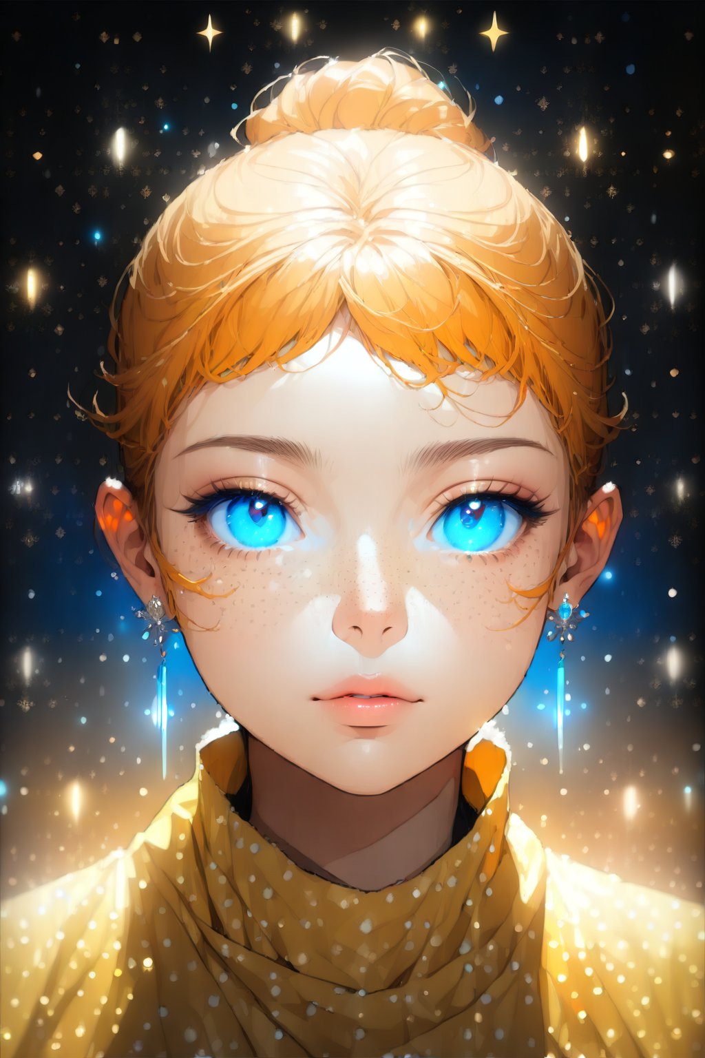 1girl, solo, ((standing: 2.5)), shorts hair, looking at viewer, blush, bangs, hair ornament, jewelry, blue eyes, ponytail, orange straight hair, earrings, parted lips, blurry, lips, ((yellow dress: 1.1)), eyelashes, portrait, light particles, ((masterpiece: 2)), excellent quality, light particles, ((freckles: 1.5)), snowflakes, ((stunning_image: 1.5)), ((magma drops in air: 1)), medium long shot.,Ink art,Eyes