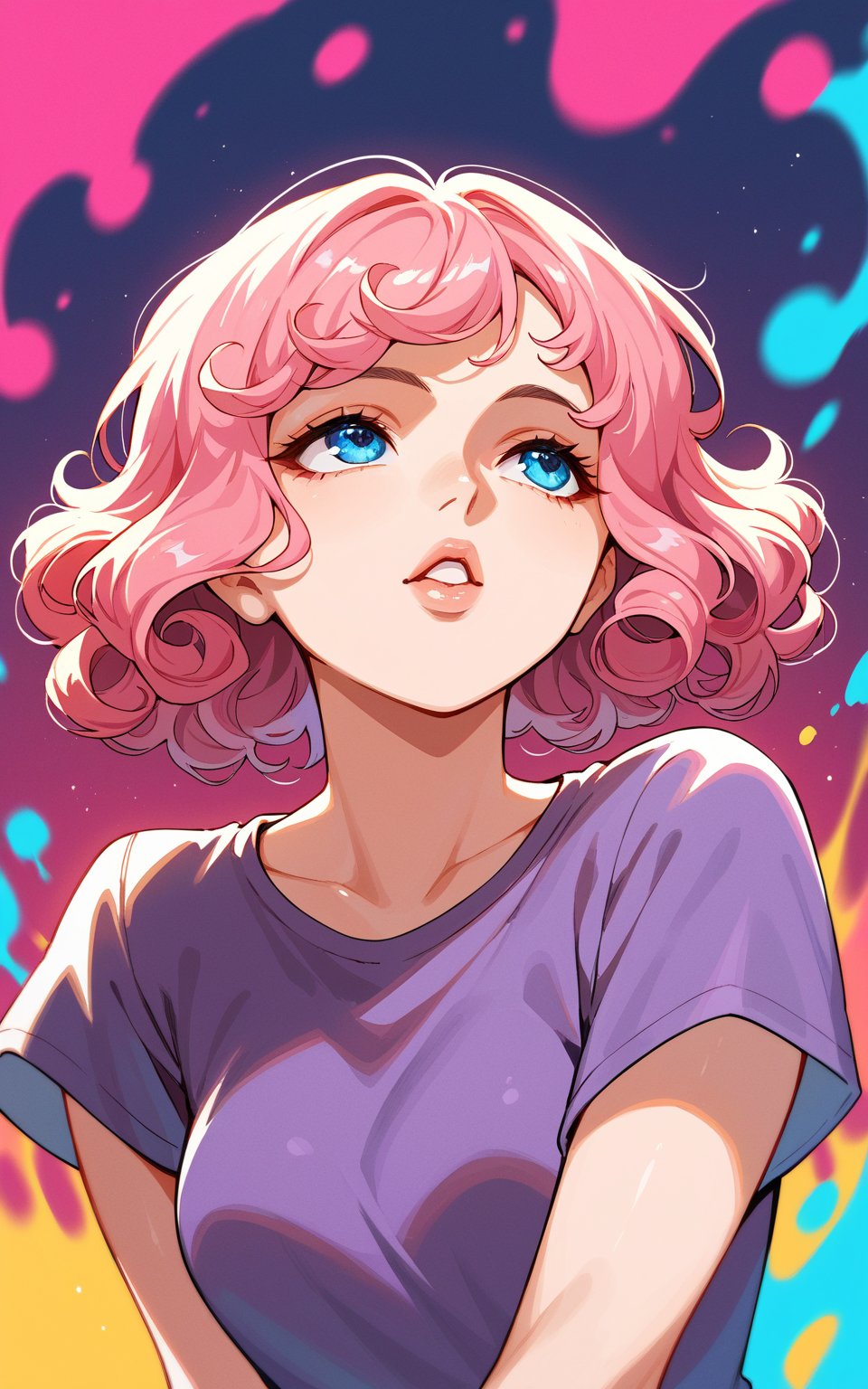 score_9,score_8_up,score_7_up, 1girl,short hair,blue eyes,pink hair,shirt,upper body,parted lips,lips,looking up,curly hair,purple shirt,colorful,paint splatter