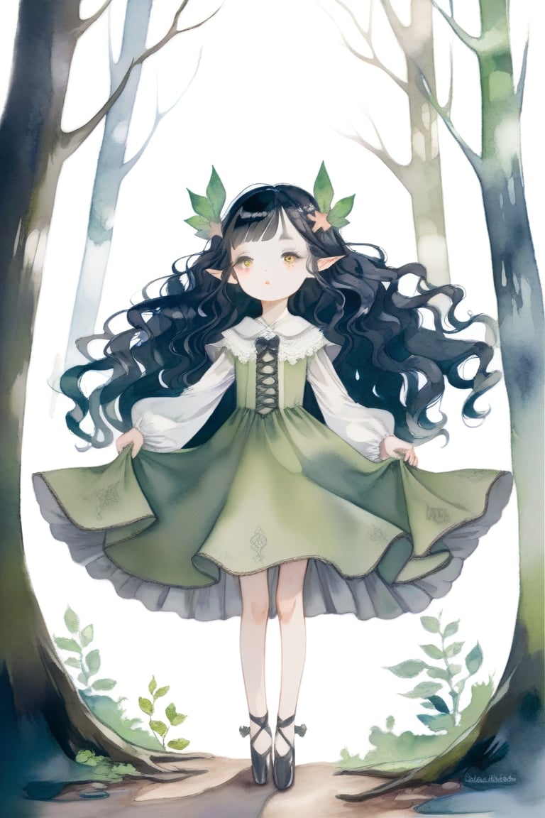 Girl cute, long curly hair black hair, elf ears, forest, green long dress,full height, softwatercolor,dramaticwatercolor