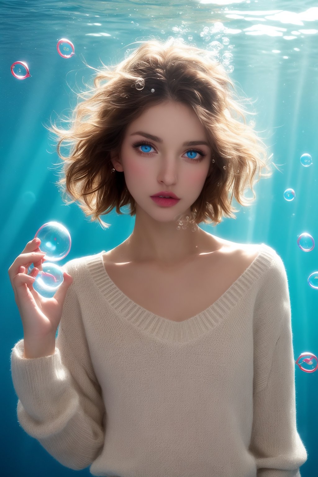 1girl, solo, looking at viewer, short hair, blue eyes, brown hair, black hair, collarbones, parted lips, water, lips, white sweater, sunlight, bubbles, underwater, ((small bubbles)), red balloons