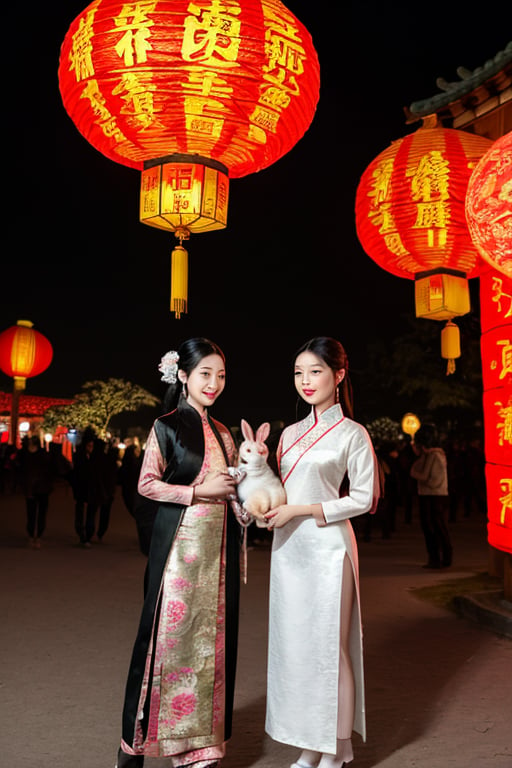 Two beautiful girls, holding a rabbit, white_skin, black-hair, very long hair, Good figure, 
Wear the light color traditional dress of the Han Chinese people, 
Background is Lantern Festival, many lantern,red light.