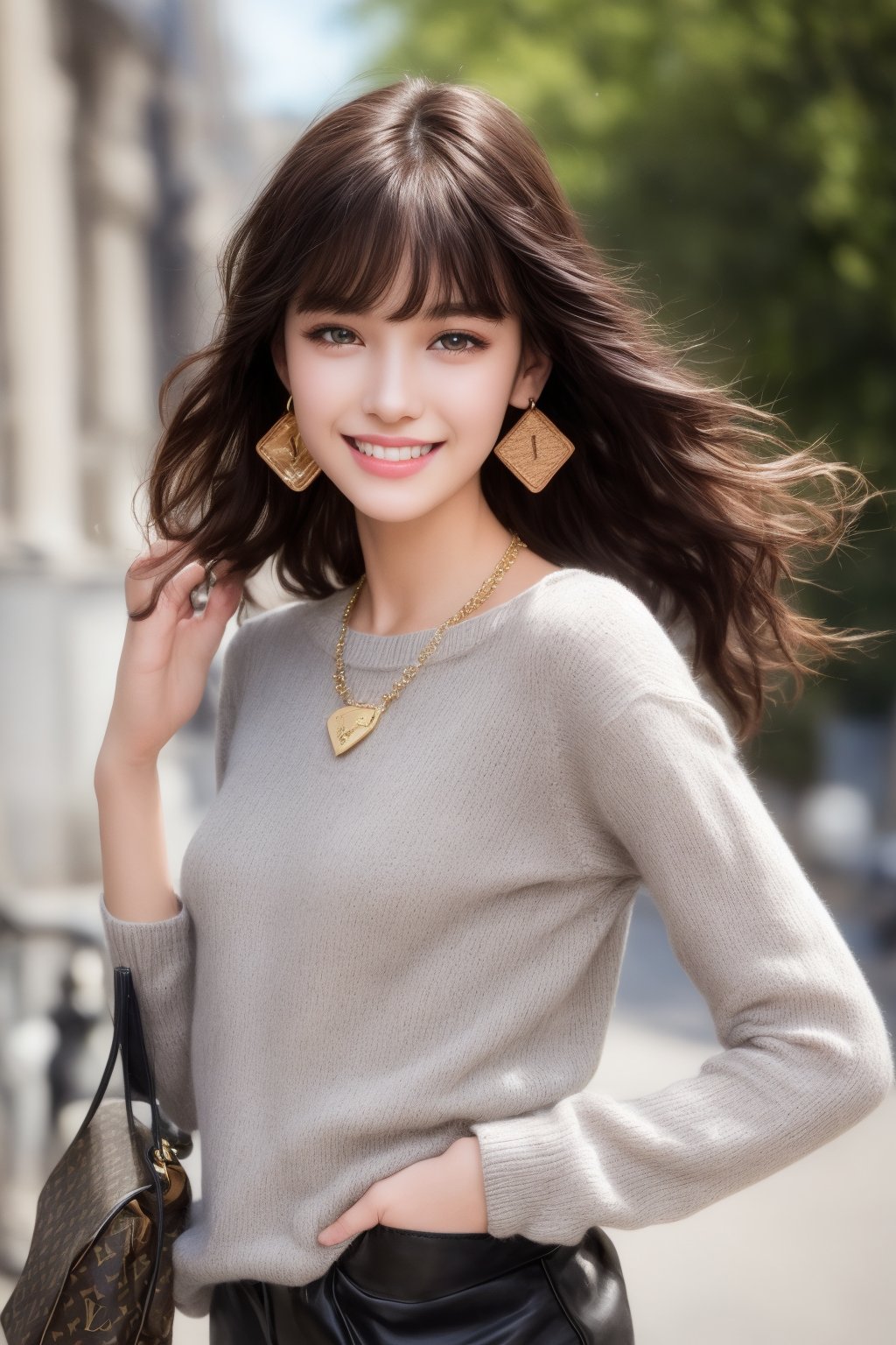 background is Paris,
18 yo, 1 girl, beautiful korean girl,fashion model,
wearing tight sweater,short skirt(chess pattern),shoulder bag(Louis Vuitton),happy laugh,cloth blowing by wind, solo, {beautiful and detailed eyes}, dark eyes, calm expression, delicate facial features, ((model pose)), Glamor body type, (dark hair:1.2), simple tiny earrings, simple tiny necklace,very_long_hair, hair past hip, bangs, curly hair, flim grain, realhands, masterpiece, Best Quality, 16k, photorealistic, ultra-detailed, finely detailed, high resolution, perfect dynamic composition, beautiful detailed eyes, eye smile, ((nervous and embarrassed)), sharp-focus, full_body, cowboy_shot,