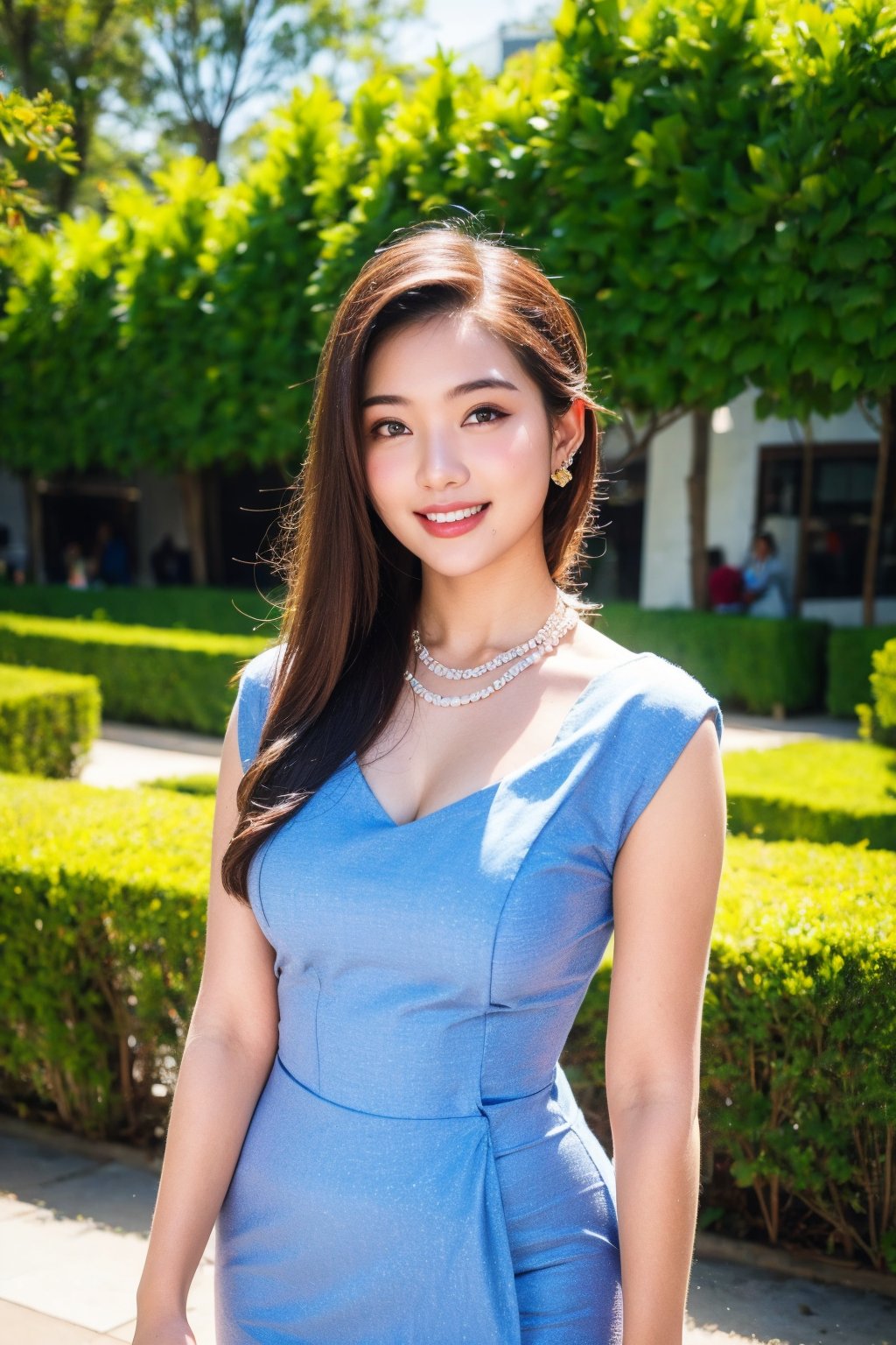 1girl, beautiful young woman, blonde, smiling, (in beautiful Myanmar national dress in blue color), sunny day, public park garden, realistic, ,myanmar_dress,  earrings,  necklace, 