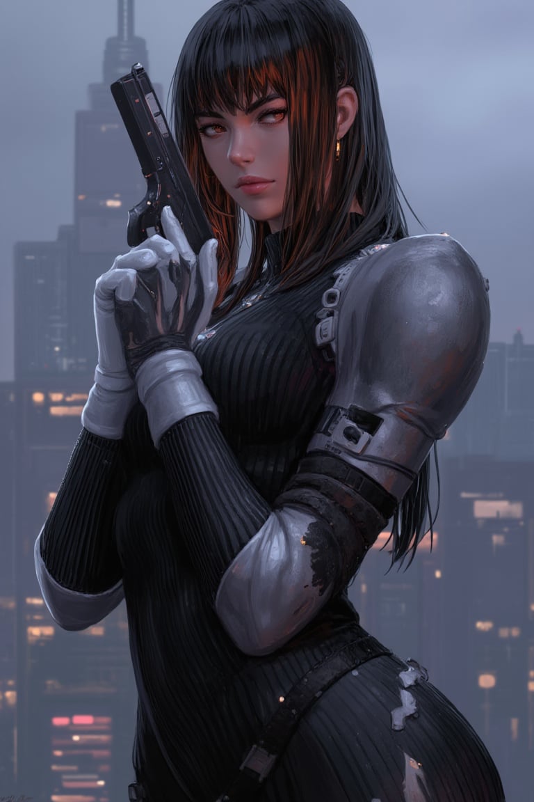 A solo female figure stands in a cityscape at dusk, wearing a ribbed bodysuit with whisker markings and high collar, her long brown hair swept back. She dons a pilot suit with shoulder pads, white gloves, and a turtleneck adorned with armor plating. Her facial mark and pink lips are prominent as she points her handgun directly at the viewer, finger on trigger, with one eye closed. The city lights reflect off her rabbit-print bodysuit, creating a sense of depth. In the background, a skyscraper looms, illuminated by a hazy rain.