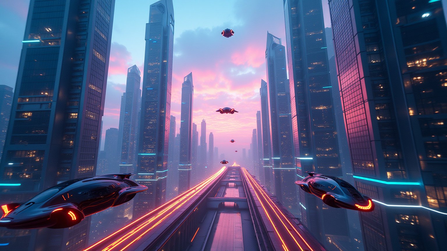 A breathtaking panoramic shot captures the pulse-pounding essence of a futuristic metropolis at dusk. Hovering vehicles zip through neon-lit skyways, their sleek silhouettes reflected on towering glass and steel structures, bathed in dynamic lighting that crackles with energy. The composition's sense of motion is amplified by the vehicles' mid-air poses, while the city's smooth reflective surfaces mirror the vibrant hues of the dusk sky. The scene glows with a cool, photorealistic intensity, showcasing the cutting-edge technology and modern design of this urban masterpiece, rendered in stunning UHD, 8k quality.