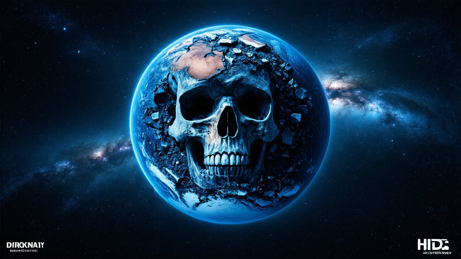 A cosmic masterpiece unfolds in this photorealistic, 8K, UHD image. A crumbling Earth, once a thriving blue sphere, now exposes its skull-like core as fragments drift into the dark expanse of space. The celestial tapestry behind, comprising intricate stars and galaxies, serves as a poignant reminder of the universe's unfathomable scale and our planet's fragile existence. Framed by a DSLR lens, this award-winning composition masterfully captures the eerie beauty of a world in disarray. UHD