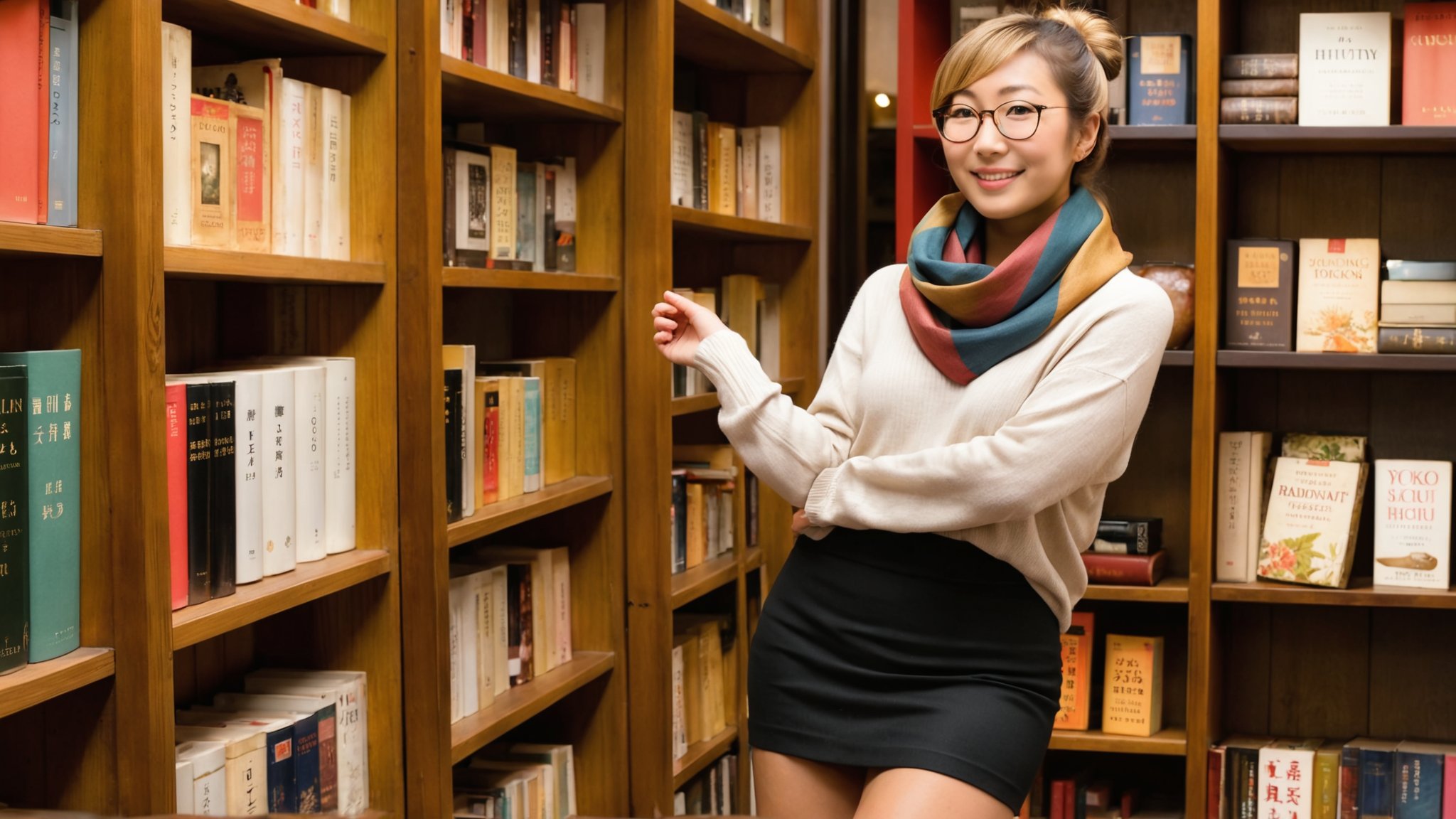 Here is a high-quality coherent prompt based on your input:

Stunning full-body portrait of Yuko, a robust and alluring Japanese woman, posing majestically as she ascends a ladder to arrange books on the shelves of her cozy Tokyo bookshop. Her powerful physique boasts thick thighs, wide hips, and a plump derrière, complemented by luscious blond-dyed hair tied back in a neat bun. She wears a comfortable sweater, a vibrant silk scarf around her neck, a black mini skirt, chic shoes, and stylish glasses, exuding her warm and inviting persona as a bookseller. The warm glow of soft ambient light casts a flattering ambiance, with shelves upon shelves of books creating a welcoming atmosphere in the background. Her friendly expression radiates warmth, engaging customers in her charming bookshop. Focus on Yuko's radiant face, showcasing her unique features amidst the cozy setting. Masterpiece-quality image with ultra-realistic details: silky skin with visible pores, perfect hands, and photorealistic rendering.