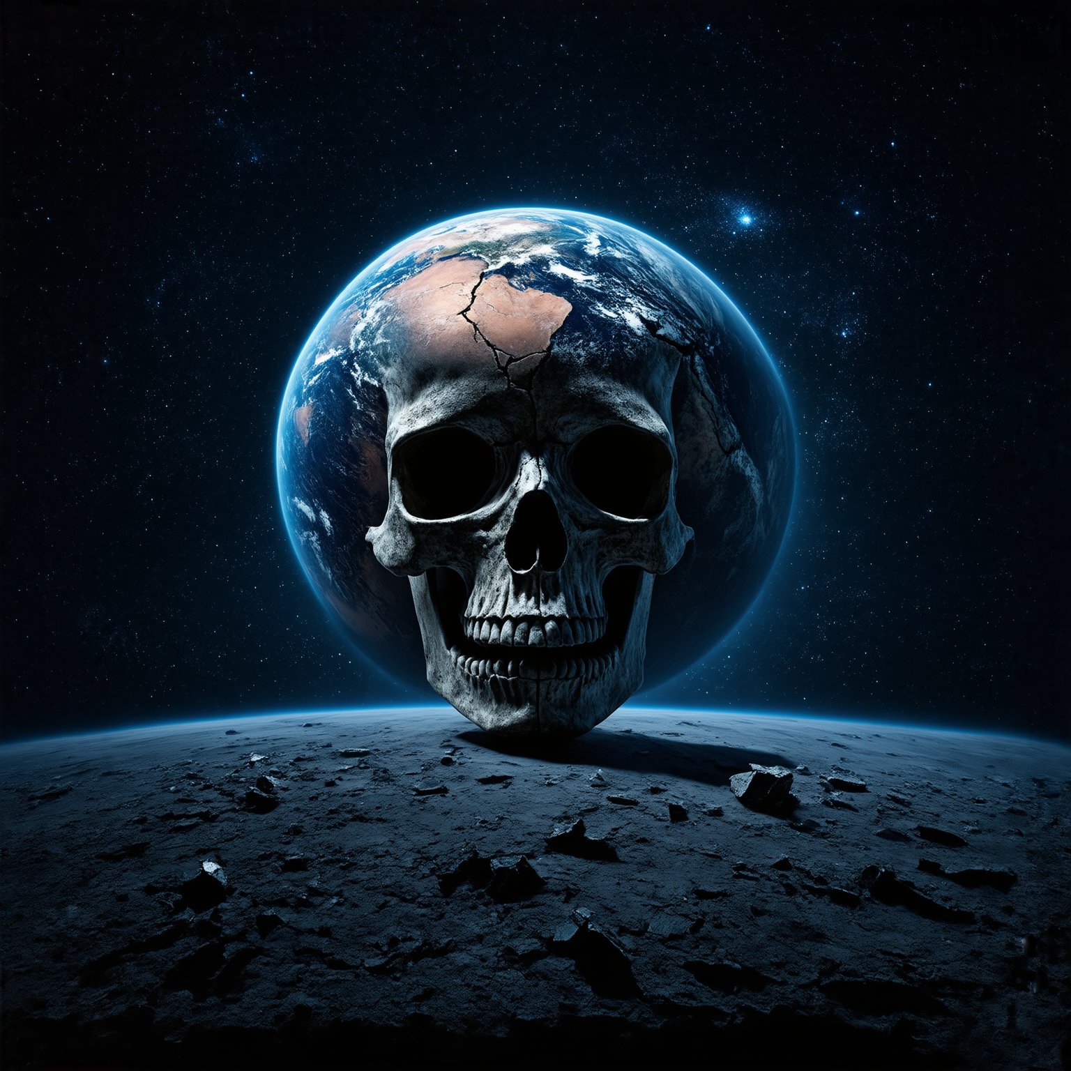 Astonishing, high-definition masterwork: Earth's cracked surface yields to a macabre skull, as fragments drift into the inky blackness. Against this haunting backdrop, an intricate tapestry of stars and galaxies unfurls, underscoring our planet's precarious existence within the boundless cosmos. Framed against the dark void, the skull serves as a poignant reminder of mortality, while the stellar expanse above echoes with the universe's infinite scale.