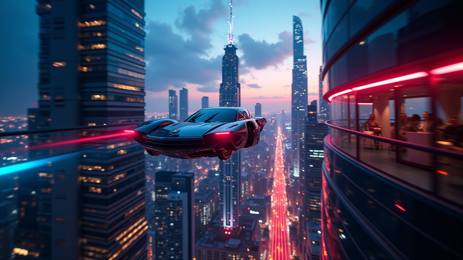 A breathtaking panoramic shot captures the pulse-pounding essence of a futuristic metropolis at dusk. Hovering vehicles zip through neon-lit skyways, their sleek silhouettes reflected on towering glass and steel structures, bathed in dynamic lighting that crackles with energy. The composition's sense of motion is amplified by the vehicles' mid-air poses, while the city's smooth reflective surfaces mirror the vibrant hues of the dusk sky. The scene glows with a cool, photorealistic intensity, showcasing the cutting-edge technology and modern design of this urban masterpiece, rendered in stunning UHD, 8k quality.