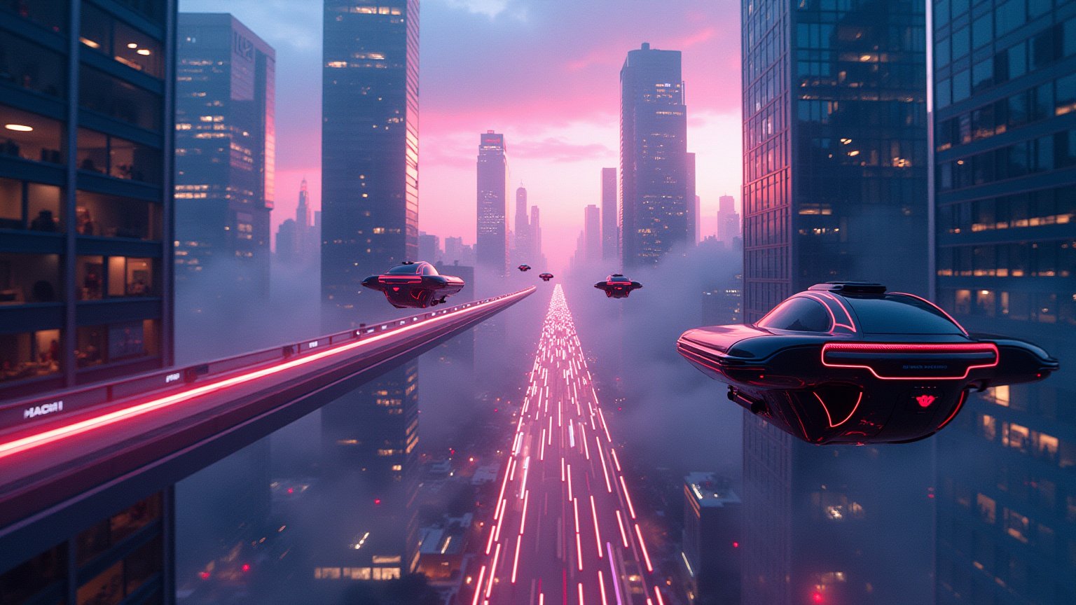 A breathtaking panoramic shot captures the pulse-pounding essence of a futuristic metropolis at dusk. Hovering vehicles zip through neon-lit skyways, their sleek silhouettes reflected on towering glass and steel structures, bathed in dynamic lighting that crackles with energy. The composition's sense of motion is amplified by the vehicles' mid-air poses, while the city's smooth reflective surfaces mirror the vibrant hues of the dusk sky. The scene glows with a cool, photorealistic intensity, showcasing the cutting-edge technology and modern design of this urban masterpiece, rendered in stunning UHD, 8k quality.