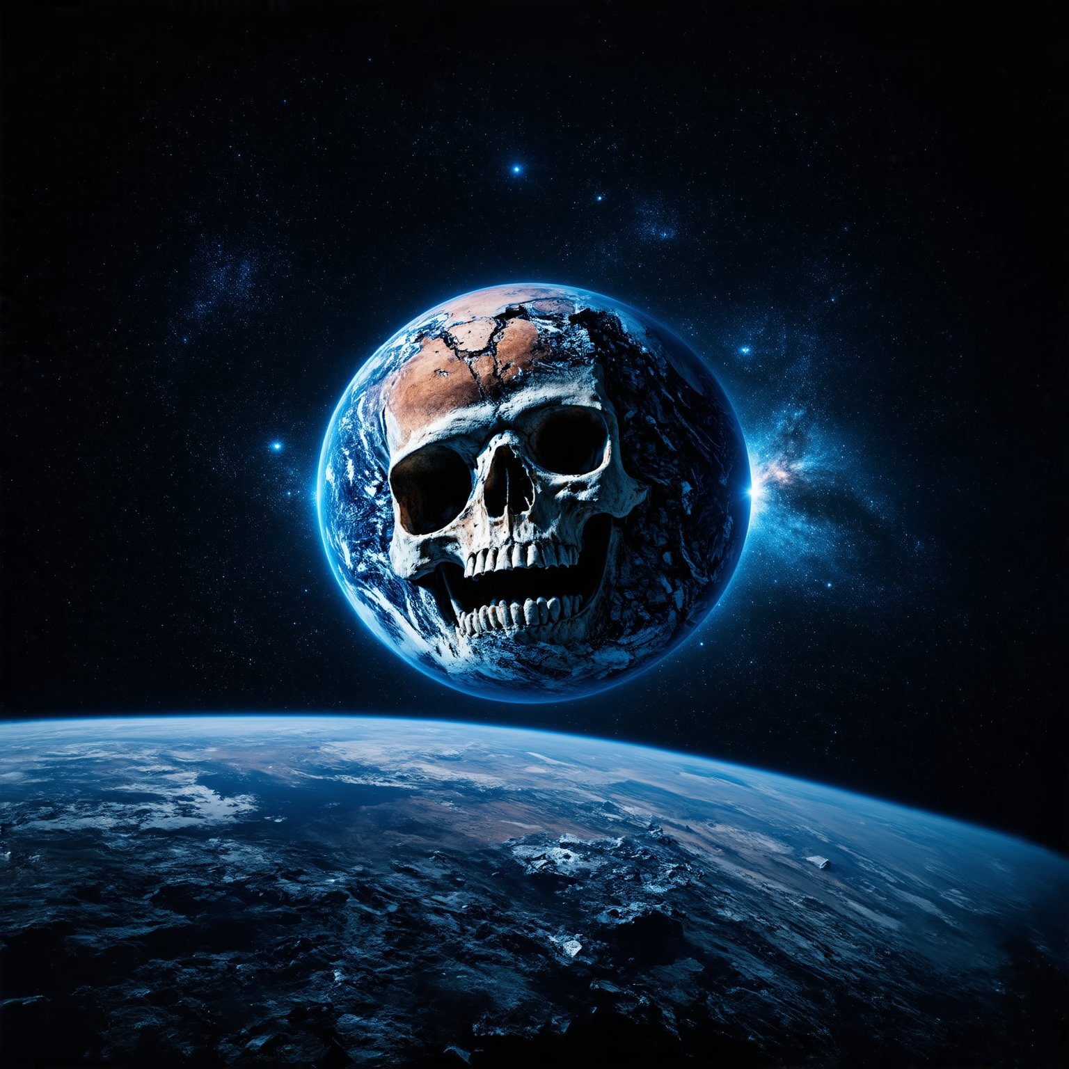 A cosmic masterpiece unfolds in this photorealistic, 8K, UHD image. A crumbling Earth, once a thriving blue sphere, now exposes its skull-like core as fragments drift into the dark expanse of space. The celestial tapestry behind, comprising intricate stars and galaxies, serves as a poignant reminder of the universe's unfathomable scale and our planet's fragile existence. Framed by a DSLR lens, this award-winning composition masterfully captures the eerie beauty of a world in disarray. UHD