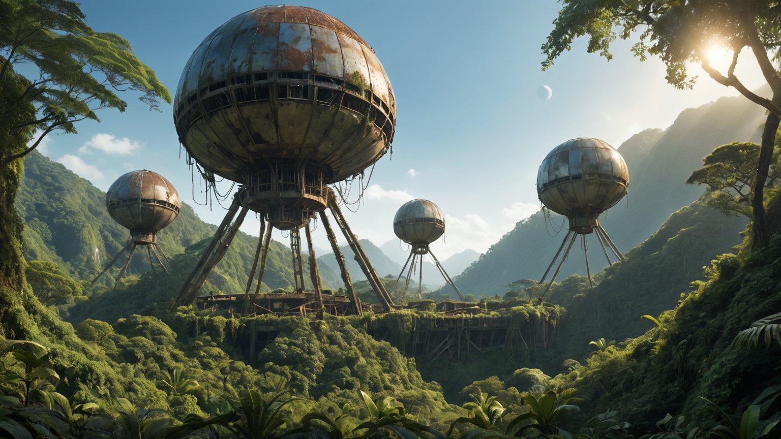 Award-winning panoramic shot of a long-abandoned alien outpost, camouflaged amidst the lush foliage of a dense jungle. The sun casts a warm glow on the rusting metal and overgrown vegetation as it rises high in the clear blue sky. In the distance, the mountainous horizon stretches out, with the dual moons hanging low like giant lanterns. The outpost's imposing structure stands tall, its once-state-of-the-art technology now reclaimed by nature's relentless march.