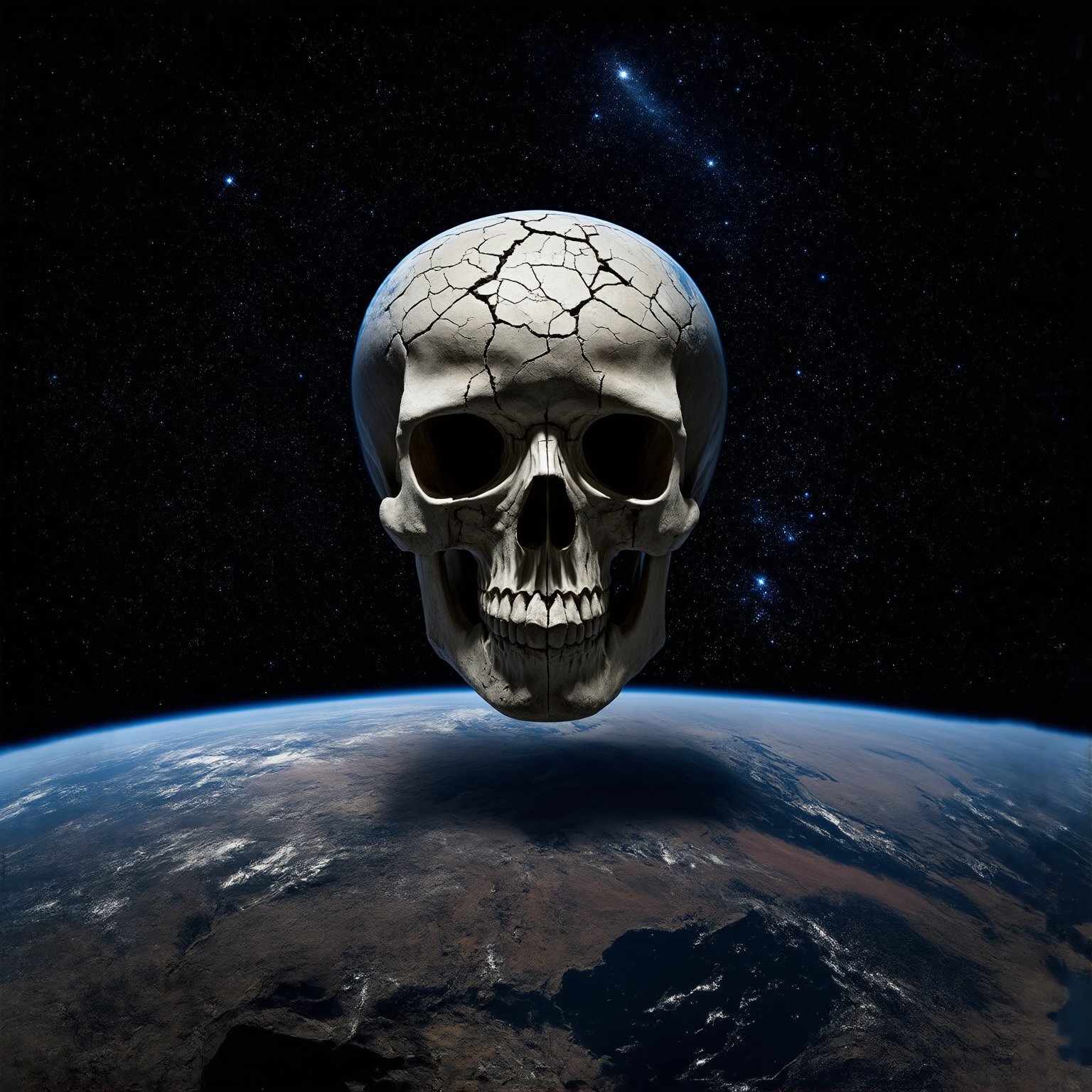 Astonishing, high-definition masterwork: Earth's cracked surface yields to a macabre skull, as fragments drift into the inky blackness. Against this haunting backdrop, an intricate tapestry of stars and galaxies unfurls, underscoring our planet's precarious existence within the boundless cosmos. Framed against the dark void, the skull serves as a poignant reminder of mortality, while the stellar expanse above echoes with the universe's infinite scale.