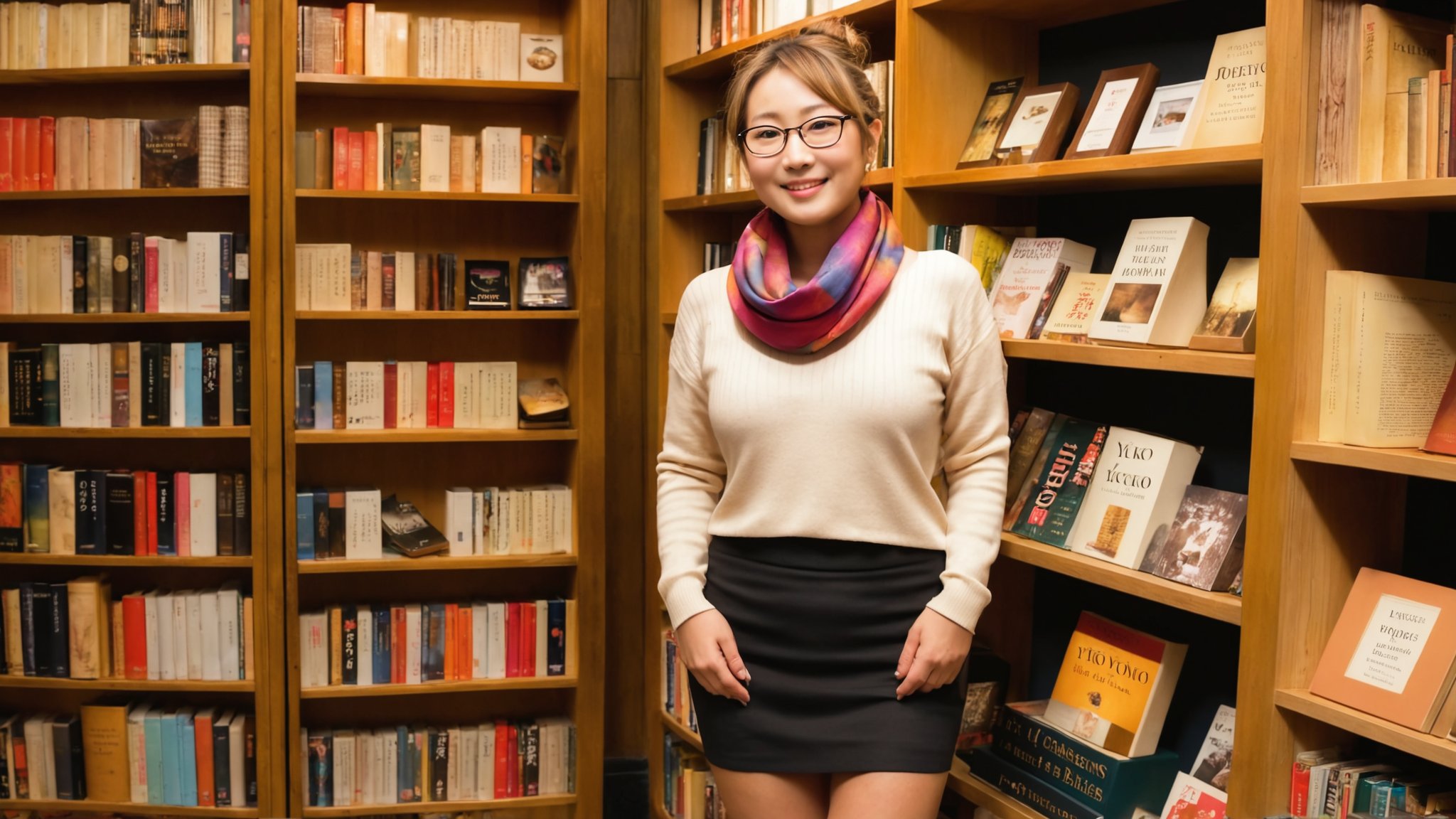 Here is a high-quality coherent prompt based on your input:

Stunning full-body portrait of Yuko, a robust and alluring Japanese woman, posing majestically as she ascends a ladder to arrange books on the shelves of her cozy Tokyo bookshop. Her powerful physique boasts thick thighs, wide hips, and a plump derrière, complemented by luscious blond-dyed hair tied back in a neat bun. She wears a comfortable sweater, a vibrant silk scarf around her neck, a black mini skirt, chic shoes, and stylish glasses, exuding her warm and inviting persona as a bookseller. The warm glow of soft ambient light casts a flattering ambiance, with shelves upon shelves of books creating a welcoming atmosphere in the background. Her friendly expression radiates warmth, engaging customers in her charming bookshop. Focus on Yuko's radiant face, showcasing her unique features amidst the cozy setting. Masterpiece-quality image with ultra-realistic details: silky skin with visible pores, perfect hands, and photorealistic rendering.