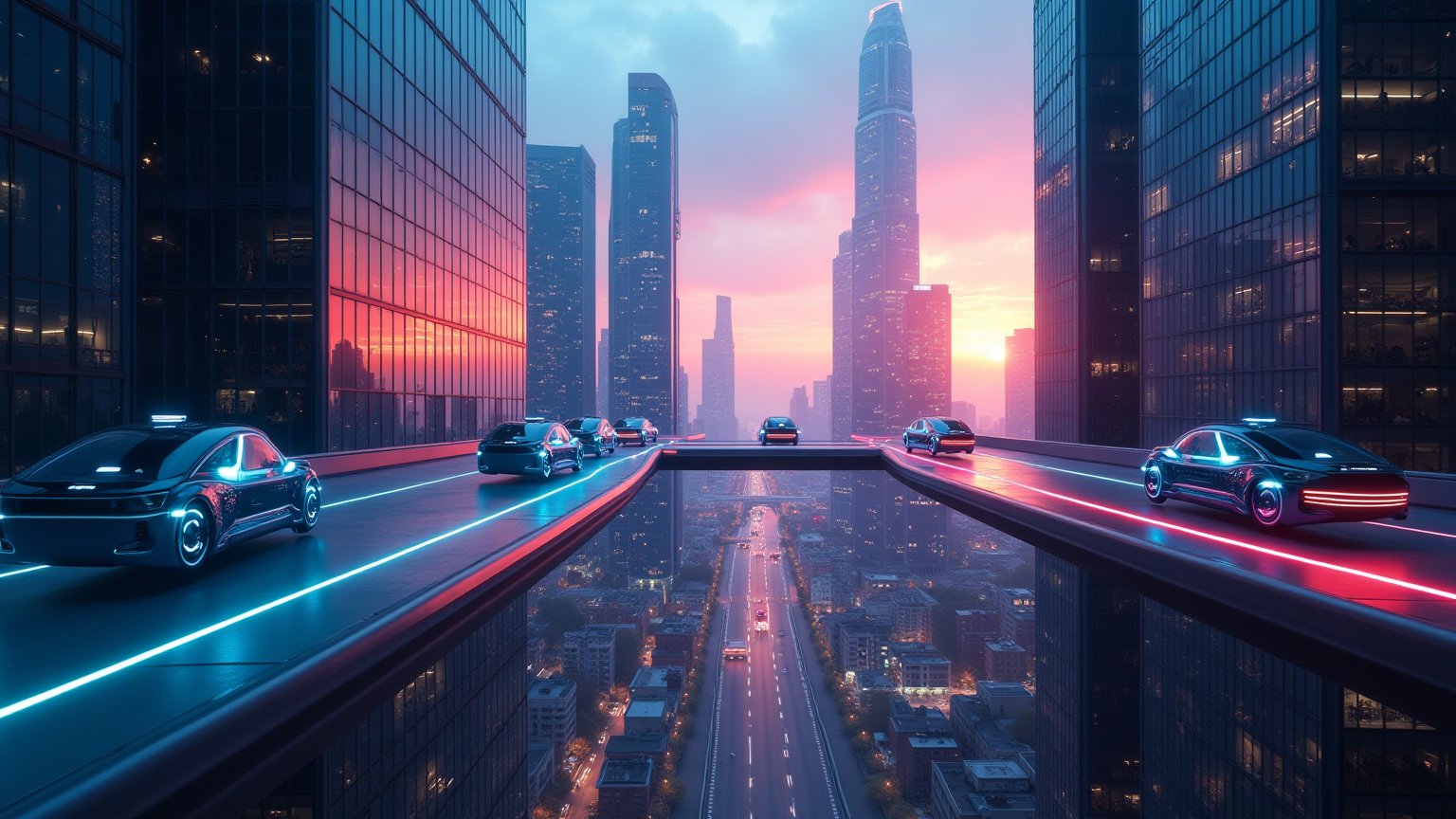 A breathtaking panoramic shot captures the pulse-pounding essence of a futuristic metropolis at dusk. Hovering vehicles zip through neon-lit skyways, their sleek silhouettes reflected on towering glass and steel structures, bathed in dynamic lighting that crackles with energy. The composition's sense of motion is amplified by the vehicles' mid-air poses, while the city's smooth reflective surfaces mirror the vibrant hues of the dusk sky. The scene glows with a cool, photorealistic intensity, showcasing the cutting-edge technology and modern design of this urban masterpiece, rendered in stunning UHD, 8k quality.