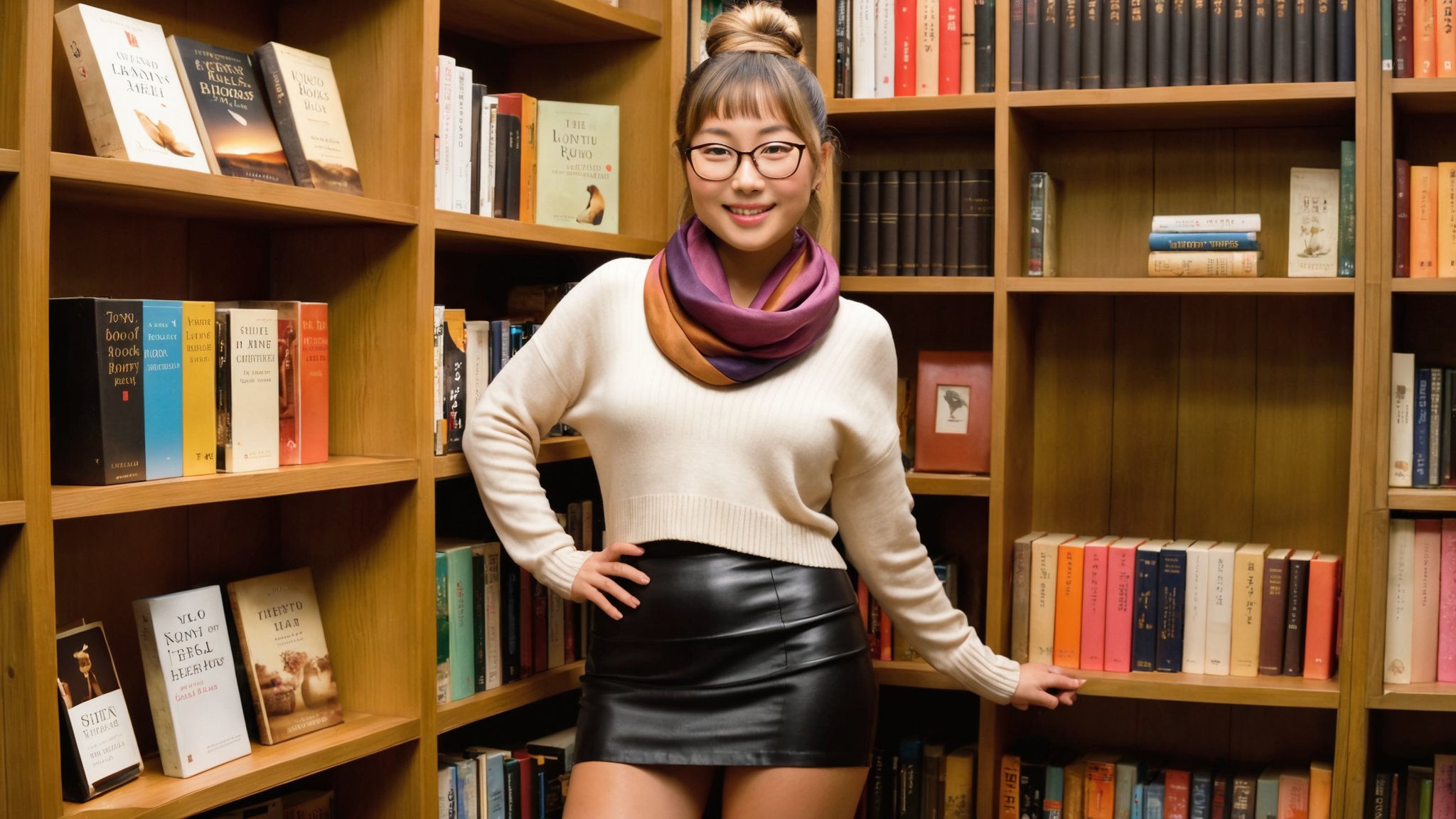 Here is a high-quality coherent prompt based on your input:

Stunning full-body portrait of Yuko, a robust and alluring Japanese woman, posing majestically as she ascends a ladder to arrange books on the shelves of her cozy Tokyo bookshop. Her powerful physique boasts thick thighs, wide hips, and a plump derrière, complemented by luscious blond-dyed hair tied back in a neat bun. She wears a comfortable sweater, a vibrant silk scarf around her neck, a black mini skirt, chic shoes, and stylish glasses, exuding her warm and inviting persona as a bookseller. The warm glow of soft ambient light casts a flattering ambiance, with shelves upon shelves of books creating a welcoming atmosphere in the background. Her friendly expression radiates warmth, engaging customers in her charming bookshop. Focus on Yuko's radiant face, showcasing her unique features amidst the cozy setting. Masterpiece-quality image with ultra-realistic details: silky skin with visible pores, perfect hands, and photorealistic rendering.