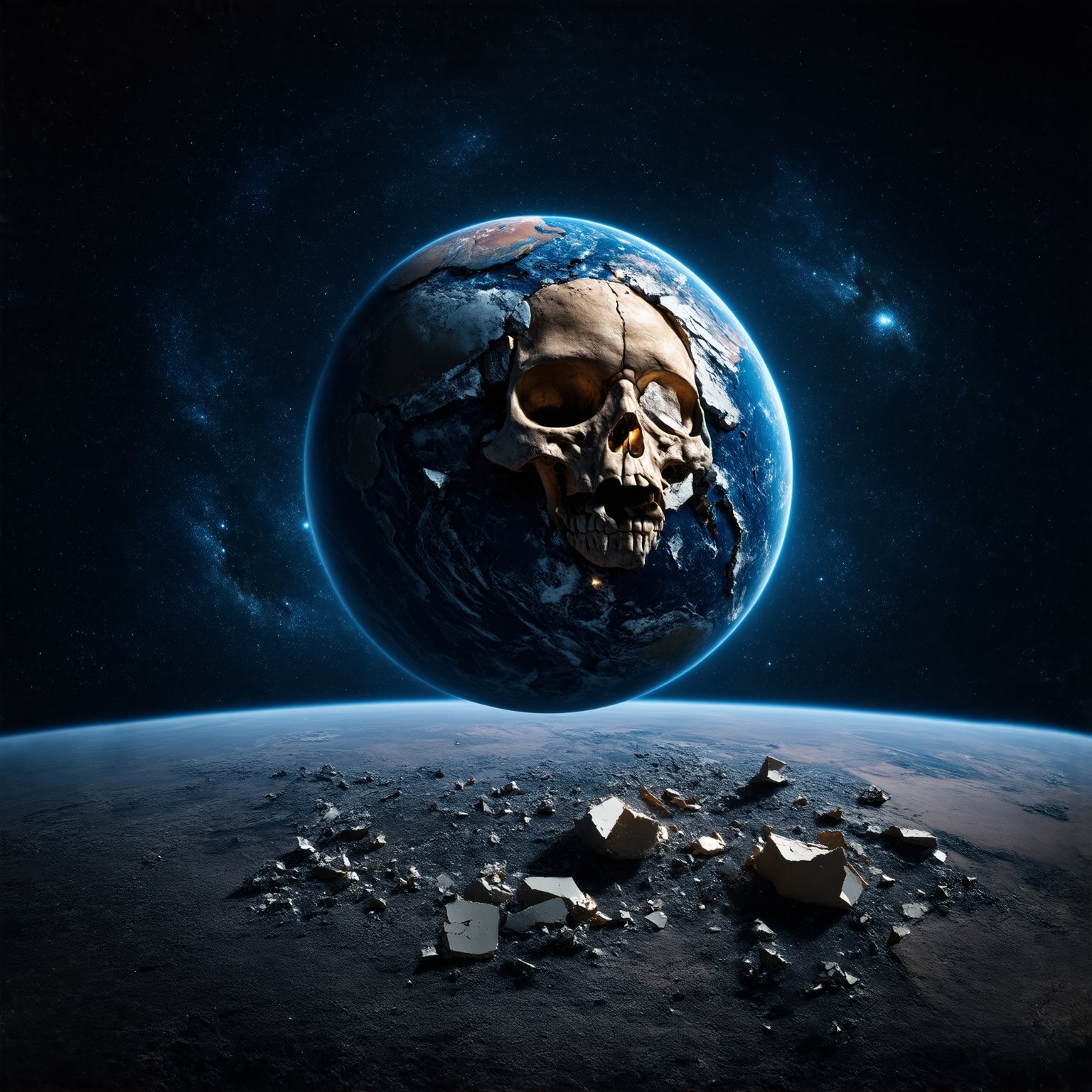 A striking, otherworldly image of Earth as a crumbling globe in the vastness of space. As the surface disintegrates, revealing a skull beneath, the fallen fragments float away into the dark cosmos. In the background, an intricate tapestry of stars and galaxies unfolds, reminding us of the universe's immense scale and the fragility of our planet. UHD, 8k, DSLR, masterpiece, photorealistic, award-winning