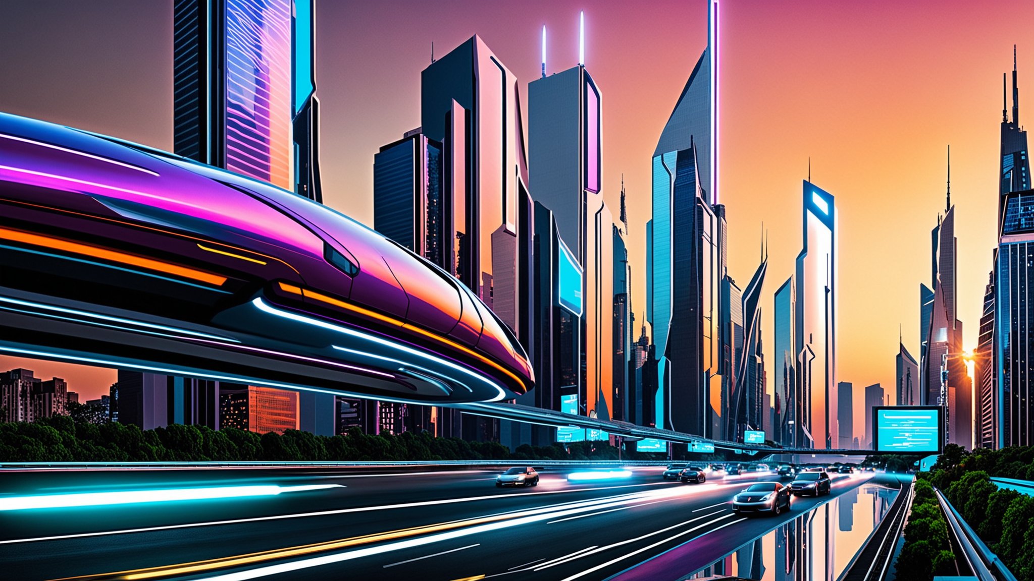 A panoramic view of a futuristic urban landscape at dusk, featuring sleek, hovering vehicles gliding above neon-lit skyscrapers. The scene is bathed in a vibrant, electric glow, with dynamic compositions highlighting the contrast between the smooth, metallic surfaces of the buildings and the intricate, glowing patterns of the hovering vehicles. The vehicles are in motion, creating a sense of energy and forward momentum. The location is a bustling metropolis, with a mix of angular and organic architectural forms, set against a twilight sky with hints of purple and blue.