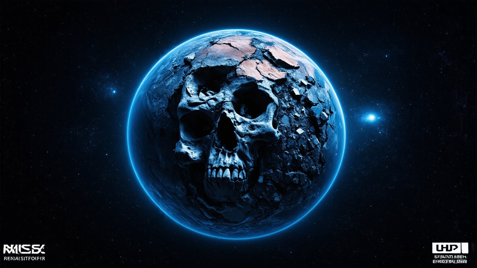 A cosmic masterpiece unfolds in this photorealistic, 8K, UHD image. A crumbling Earth, once a thriving blue sphere, now exposes its skull-like core as fragments drift into the dark expanse of space. The celestial tapestry behind, comprising intricate stars and galaxies, serves as a poignant reminder of the universe's unfathomable scale and our planet's fragile existence. Framed by a DSLR lens, this award-winning composition masterfully captures the eerie beauty of a world in disarray. UHD