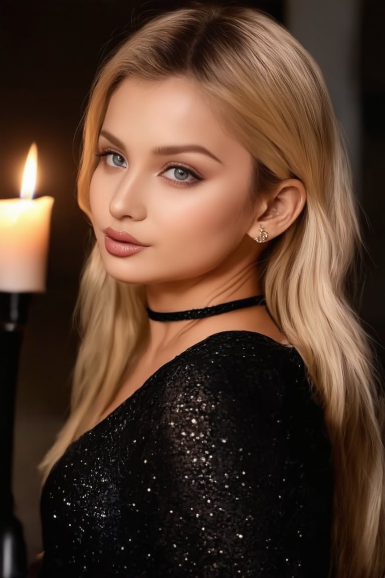 Close-up shot of a super cute blonde woman illuminated by soft, warm candlelight in a dimly lit room. Her bright locks stand out against the dark background, and her porcelain skin glows with a subtle sheen. She's dressed in all-black attire, complete with a flowing black dress and choker necklace, exuding mysterious allure. Her piercing blue eyes lock onto the camera, sparkling with mischief as she pouts slightly, showcasing her plump lips.