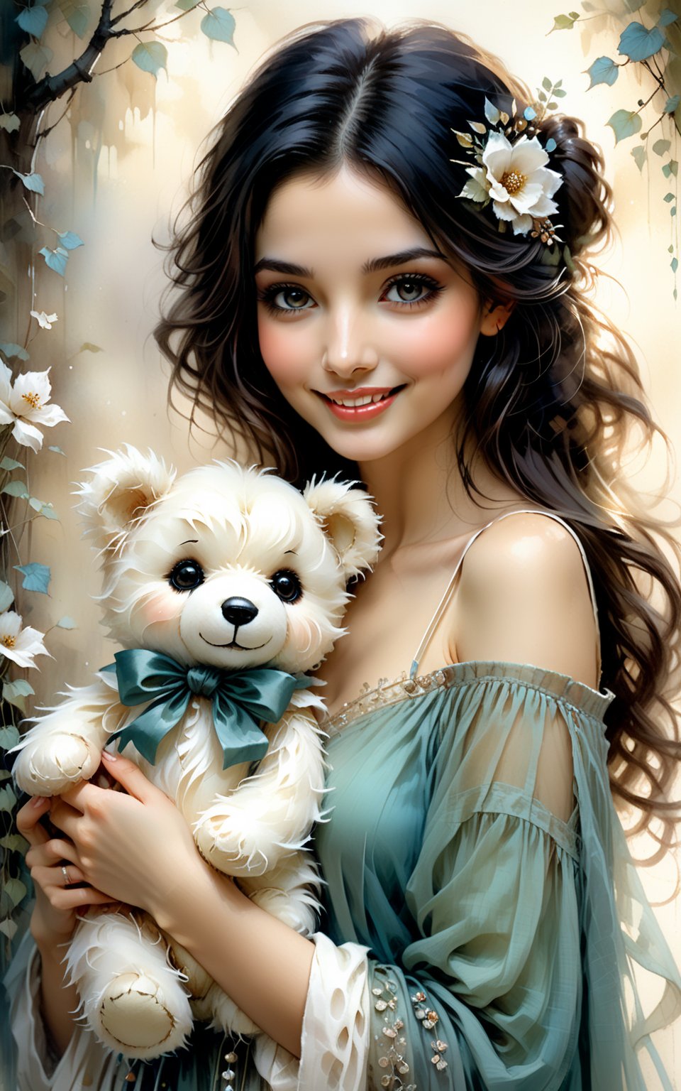 (Beautiful Woman with dark hair) holding a small (tiny cute and adorable white plush fluffy chibi-style teddy bear with large black eyes), in the style of Harrison Fisher and Brian Froud and Jeremy Mann, smile, Whimsical, vibrant colors, gloss, sweetness, surreal, thick brush strokes, layered textures, mythical, magical,more detail XL,Kasturi