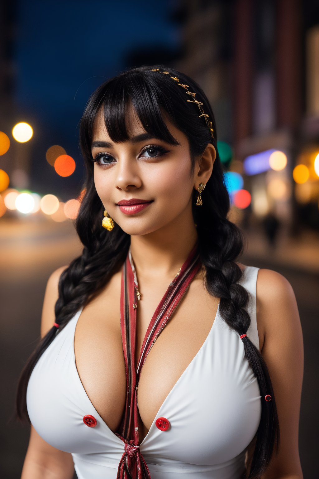 masterpiece, best quality, cute, kawaii, Long hair, wavy hair, Indian  hair, blue  eyes, swept bangs, , large open  breasts, button gap, braid, transparent   top, hairpin, necktie, depth of field, street, bokeh, night, portrait, Indian Women,curvy body 