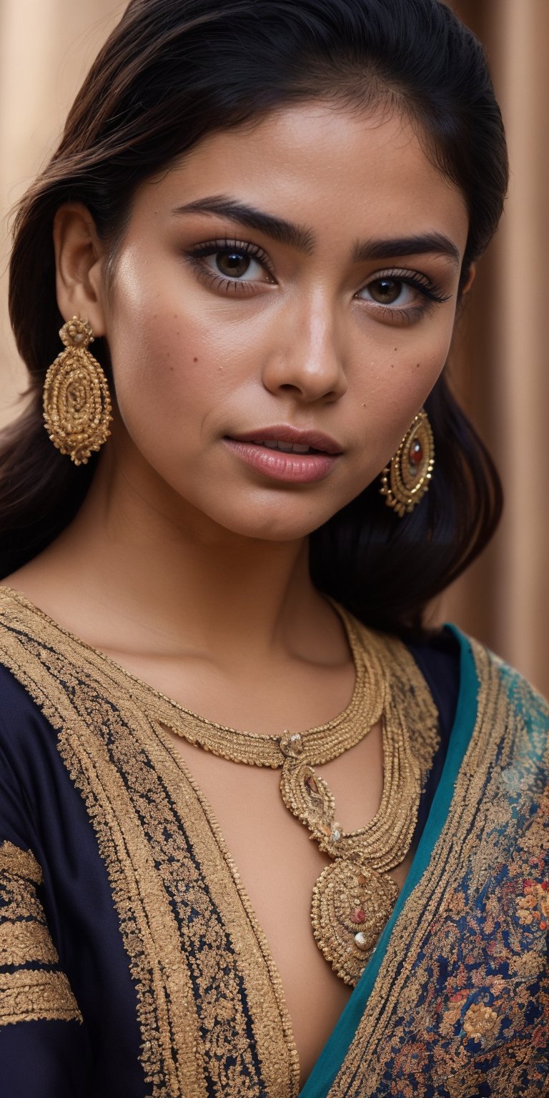 A close-up portrait of a indian woman with vitiligo, her skin a beautiful tapestry of light and dark tones. Her eyes shine with determination and her lips are curved in a gentle smile. The background is a calming gradient of blues and purples, 
,Amity.,Mythri