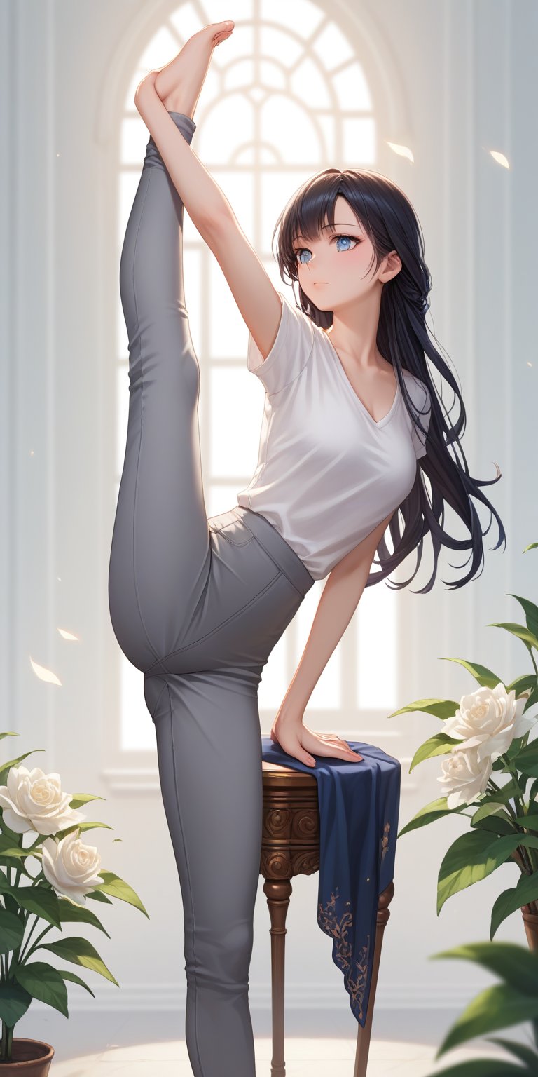 score_9, score_8_up, score_7_up, score_6_up, score_5_up, score_4_up,source_anime,

1 woman, performing a handstand, solo, (30yo), flexible, strong, beautiful detailed eyes, long black hair flowing down her back, white shirt, grey pants, white surface, elegant, balance, determination, detailed background, depth of field, realistic, soft lighting, best quality,masterpiece