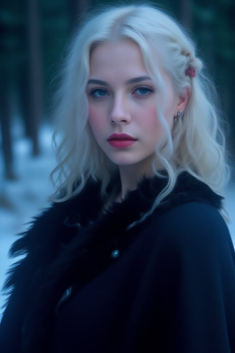 A fierce female warrior fighting in a snowy forest, in Medieval cloak, fur trimmed cloak, long hair, looking at viewer, blue eyes, simple background, (hair ornament), gem, tassel, hair between eyes, jewelry, upper body, earrings, lips, fur trim, eyelashes, portrait, beads, emo, (sharp eyes:1.4), (rebellious:1.4), (fierce:1.4), (standing: 1.2), silver-white hair, Gothic make-up, tough, wild. Kyoto Animation stylized anime, cinematic Lighting, ethereal light, intricate details, extremely detailed, incredible details, full colored, complex details, insanely detailed and intricate, hyper maximalist, gorgeous light and shadow, detailed decoration, detailed lines. Masterpiece, best quality, aerial view, HDR, UHD, unreal engine. looking at the camera, dark Fantasy background, representative, fair skin, beautiful face,A beautiful girl, blonde hair, dynamic character, detailed exquisite face, bold high quality, high contrast,art_booster,DonMS4kur4XL,photorealistic:1.3, best quality, masterpiece,MikieHara,