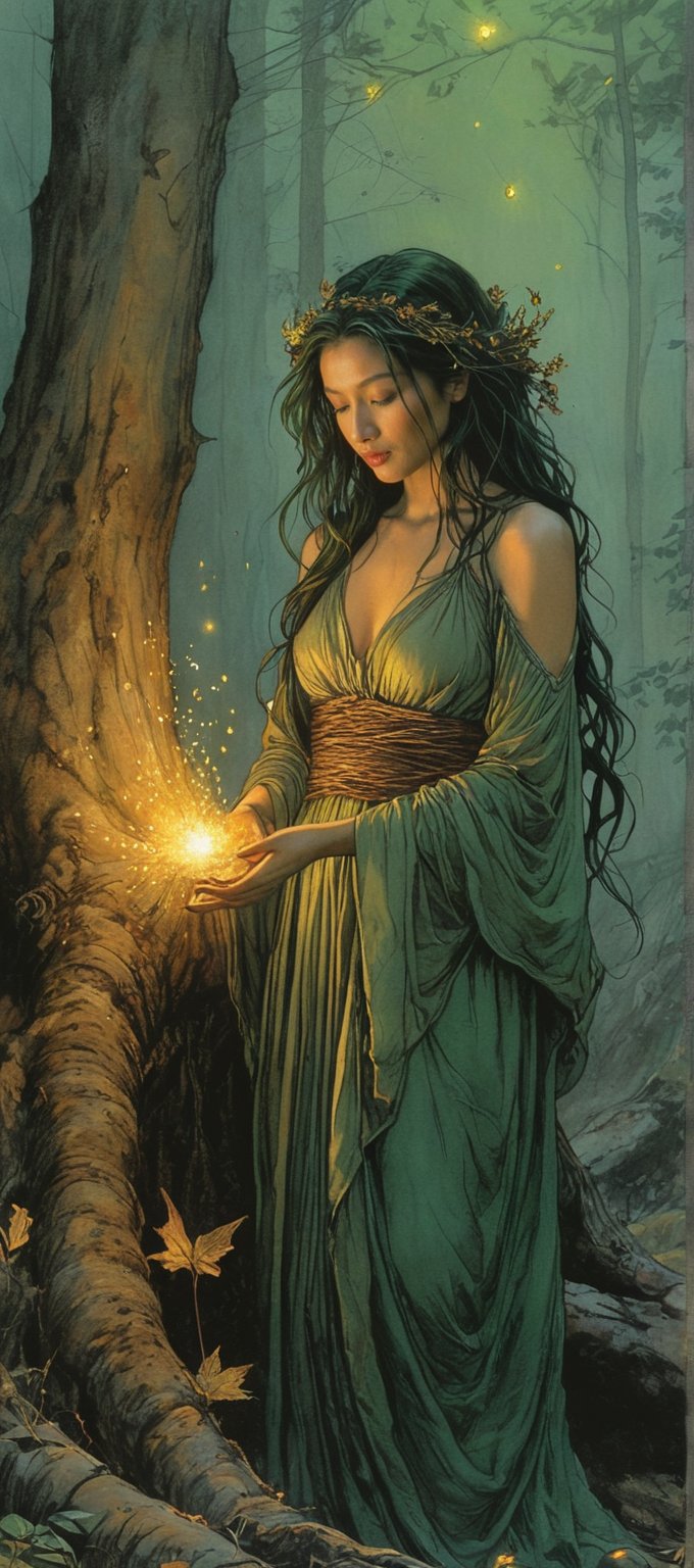 Color ink painting in Moebius comic book style,  style by Arthur Rackham and Brian Froud, intricate, detailed.
Beautiful figure, female, dark green hair, glowing golden eyes. Her face is hidden by some shadow of the trees. her lower body is coiled by huge roots, and the lower half of her body is burning in fire.
(She looks toward the camera, and grasps her hands toward the audience with a tearing face as if asking for help.) (only the upper body)(Giant Tree's Root Whirlpool)
Telephoto lens. Dramatic Tension. Perfect composition, masterpiece, depressing atmosphere. Her hand grasped forward. Surrounded by starlight fireflies. Use more rich colors. 
