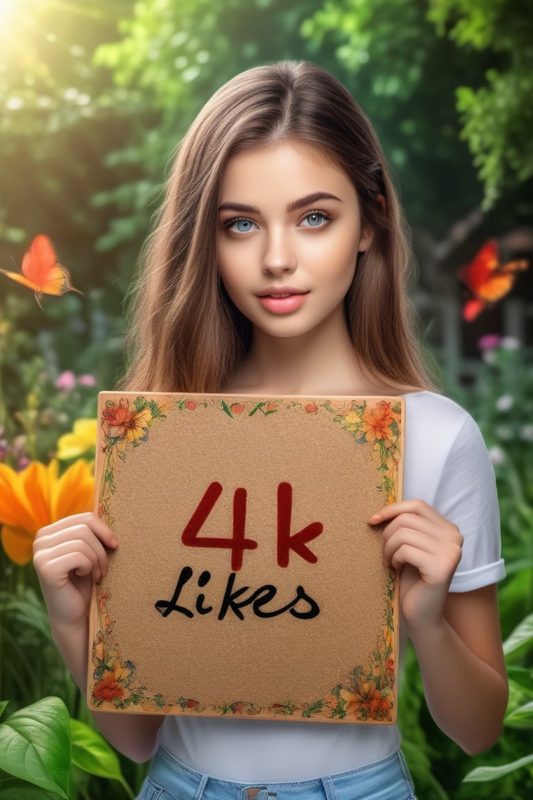 A girl in a garden,holding a board with text "4k Likes" text,illustration,ultra-detailed,realistic,vivid colors,hdr,sharp focus,studio lighting,beautiful detailed eyes,beautiful detailed lips,longeyelashes,medium