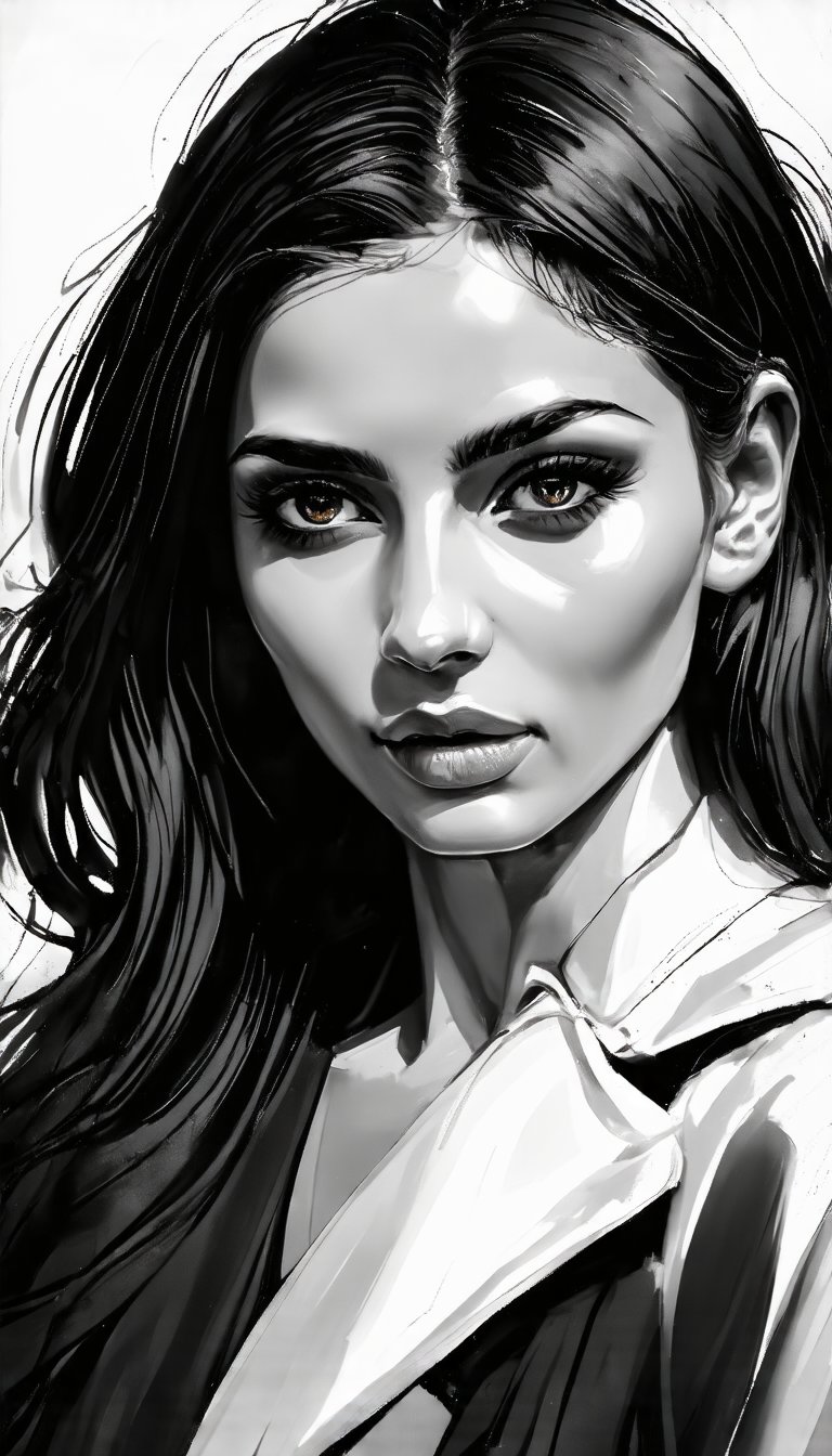 (A fusion of pen and ink and duo tones, digital art), beautiful woman, 32yo, Detailed Textures, high quality, high resolution, high Accuracy, realism, color correction, Proper lighting settings, harmonious composition, Behance works,majien