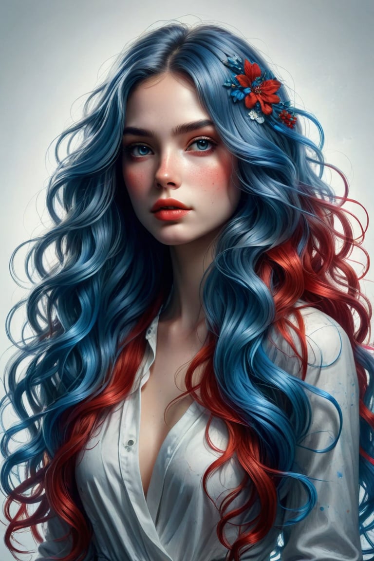 Create an illustration of a character with long wavy hair featuring a striking color palette that includes white, blue, and red tones. The hairstyle should flow naturally and give a sense of movement. Include intricate details that capture the texture and sheen of the hair strands.
