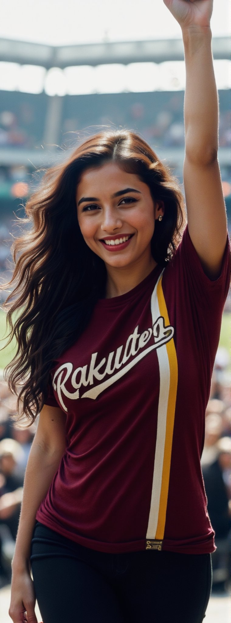 Score_9, score_8_up, score_7_up, a vibrant young Taiwanese woman stands confidently, with long black hair hanging down her back, wearing a striking burgundy short-sleeved T-shirt with a conspicuous white stripe on the left side and chest Has white artistic "Rakuten" text. Her bright smile lights up the scene as she raises her left hand in triumph, her right hand placed playfully on her hip. The blurred background suggests a bustling baseball stadium, enhancing the sense of energy and celebration surrounding this dynamic man. Movie special effects style.