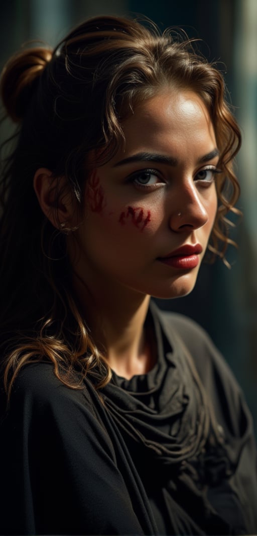  A regal Viking female warrior chief sits in front profile, piercing gaze directed at the camera, eyes serious and unwavering. Tribal panther makeup adorns cheekbones, bold red accents on black creating striking contrast against the subject's rugged features. Soft, golden rim light defines the face, casting a dramatic shadow along the jawline, highlighting the subject's statuesque presence.