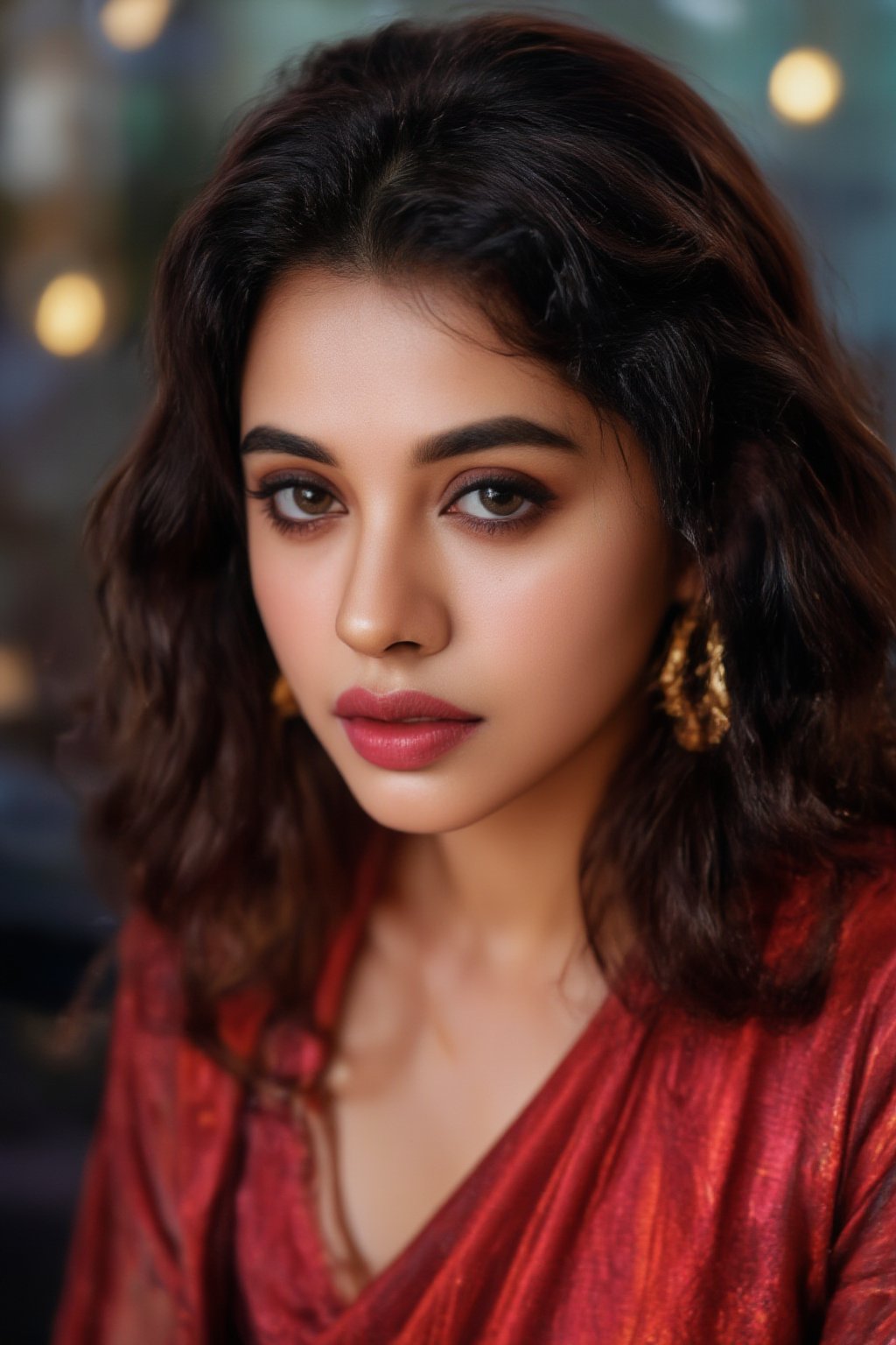 Raw photo of (28yo Kerala Beautiful young woman:1.1, (best quality, highres, ultra-detailed:1.2), This breathtaking photograph, shot on a Canon 1DX with a 50 mm f/2.8 lens, beautifully showcases the raw and authentic beauty of life. high resolution 8k image quality, vibrant colors, glowing dimond, glowing eyes, realistic Raw photo, realistic lighting, traditional Red saree,  exotic beauty, mesmerizing eyes,35mm photo,epicphoto