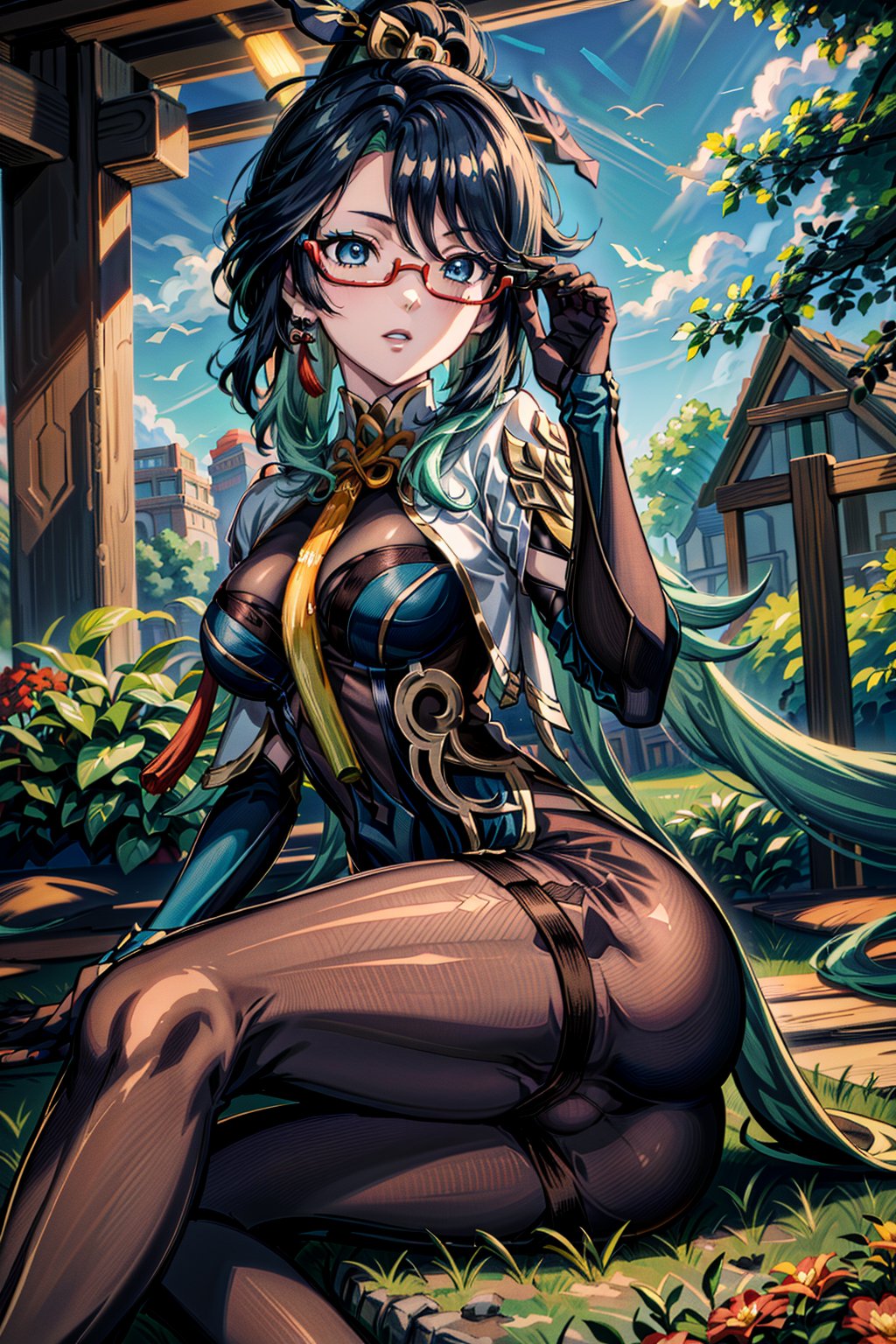 very detailed, high quality, masterpiece, beautiful, (full shot), 1girl, solo, Xianyun from Genshin Impact, (medium black and aqua green hair, red glasses, light blue eyes, white skin, she is tall, slim and slender body, perfect tits, perfect ass, she is wearing her usual outfit, she is sitting in the middle of a garden with many flowers and trees, detailed background, Xianyun),skull head,malo, dress, elbow gloves, bodysuit, chinese clothes, earrings, hair ornament, multicolored hair, ponytail, semi-rimless eyewear,long hair