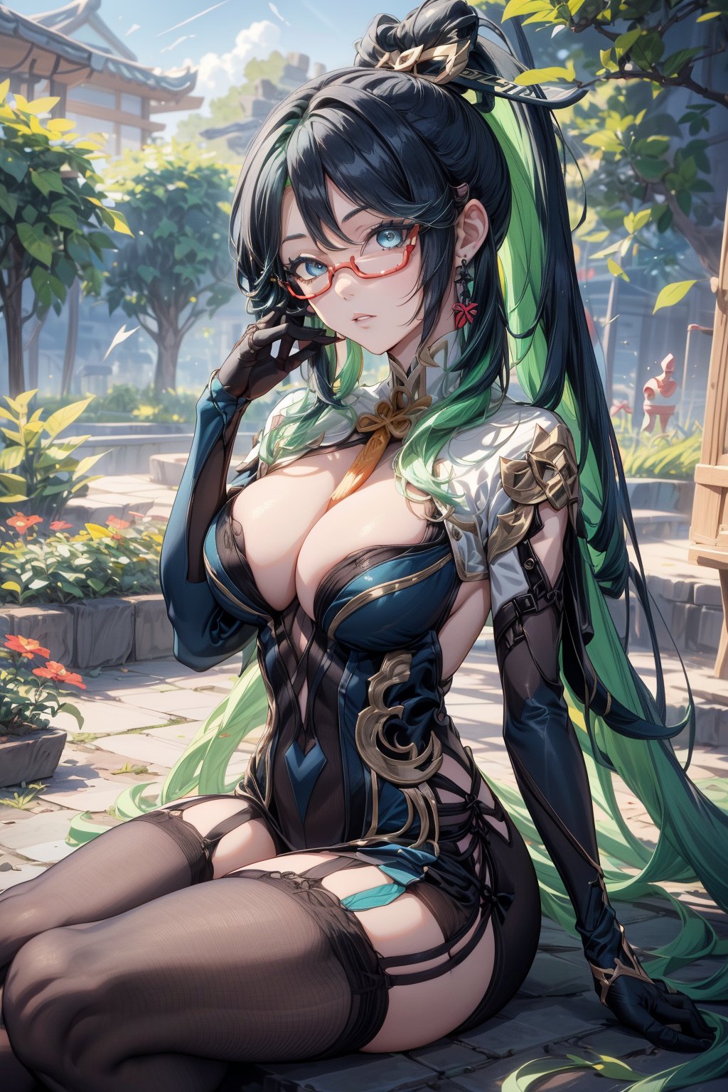 very detailed, high quality, masterpiece, beautiful, (full shot), 1girl, solo, Xianyun from Genshin Impact, (medium black and aqua green hair, red glasses, light blue eyes, white skin, she is tall, slim and slender body, perfect tits, perfect ass, she is wearing her usual outfit, she is sitting in the middle of a garden, she is posing randomly, detailed background, Xianyun),skull head, dress, elbow gloves, bodysuit, chinese clothes, earrings, hair ornament, multicolored hair, ponytail, semi-rimless eyewear,long hair,SEXY,score_9,score_8_up,score_7_up,score_6_up