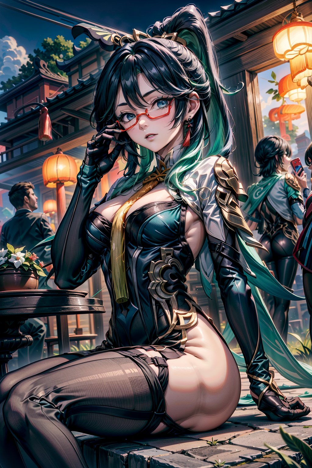 very detailed, high quality, masterpiece, beautiful, (full shot), 1girl, solo, Xianyun from Genshin Impact, (medium black and aqua green hair, red glasses, light blue eyes, white skin, she is tall, slim and slender body, perfect tits, perfect ass, she is wearing her usual outfit, she is sitting in the middle of a garden, she is posing randomly, detailed background, Xianyun),skull head, dress, elbow gloves, bodysuit, chinese clothes, earrings, hair ornament, multicolored hair, ponytail, semi-rimless eyewear,long hair,SEXY