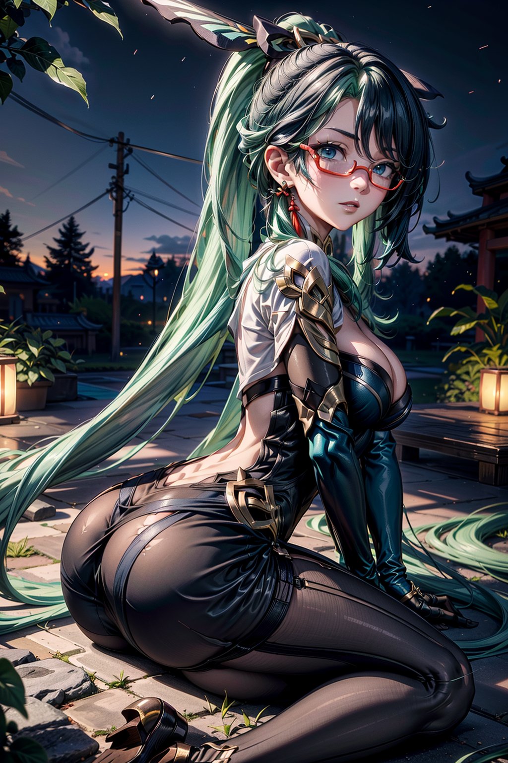 very detailed, high quality, masterpiece, beautiful, (full shot), 1girl, solo, Xianyun from Genshin Impact, (medium black and aqua green hair, red glasses, light blue eyes, white skin, she is tall, slim and slender body, perfect tits, perfect ass, she is wearing her usual outfit, she is sitting in the middle of a garden, detailed background, Xianyun),skull head, dress, elbow gloves, bodysuit, chinese clothes, earrings, hair ornament, multicolored hair, ponytail, semi-rimless eyewear,long hair