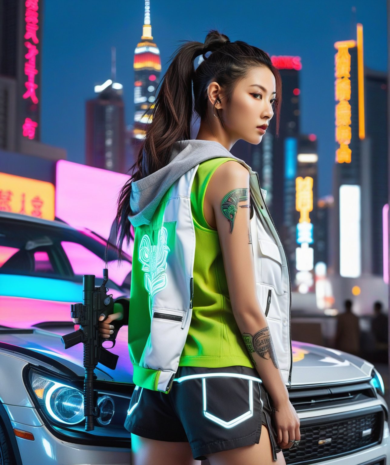 Night falls on the neon-lit cityscape as a young Asian woman with a fierce gaze and striking features leans against the sleek, metallic hood of a cyberpunk car. Her sleeveless white vest glows under the bright lights, while her short coat flaps open to reveal cybernetic implants and intricate tattoos. A sniper rifle rests comfortably on her shoulder, its neon-green scope reflecting the vibrant hues of the city's billboards. Her hair is pulled back in a ponytail, framing her determined expression as she stands confidently in military boots. The cinematic shot captures her profile, with the city's towering skyscrapers and bustling streets blurred into a kaleidoscope of color behind her. Neon signs flicker to life, casting an otherworldly glow on the scene.